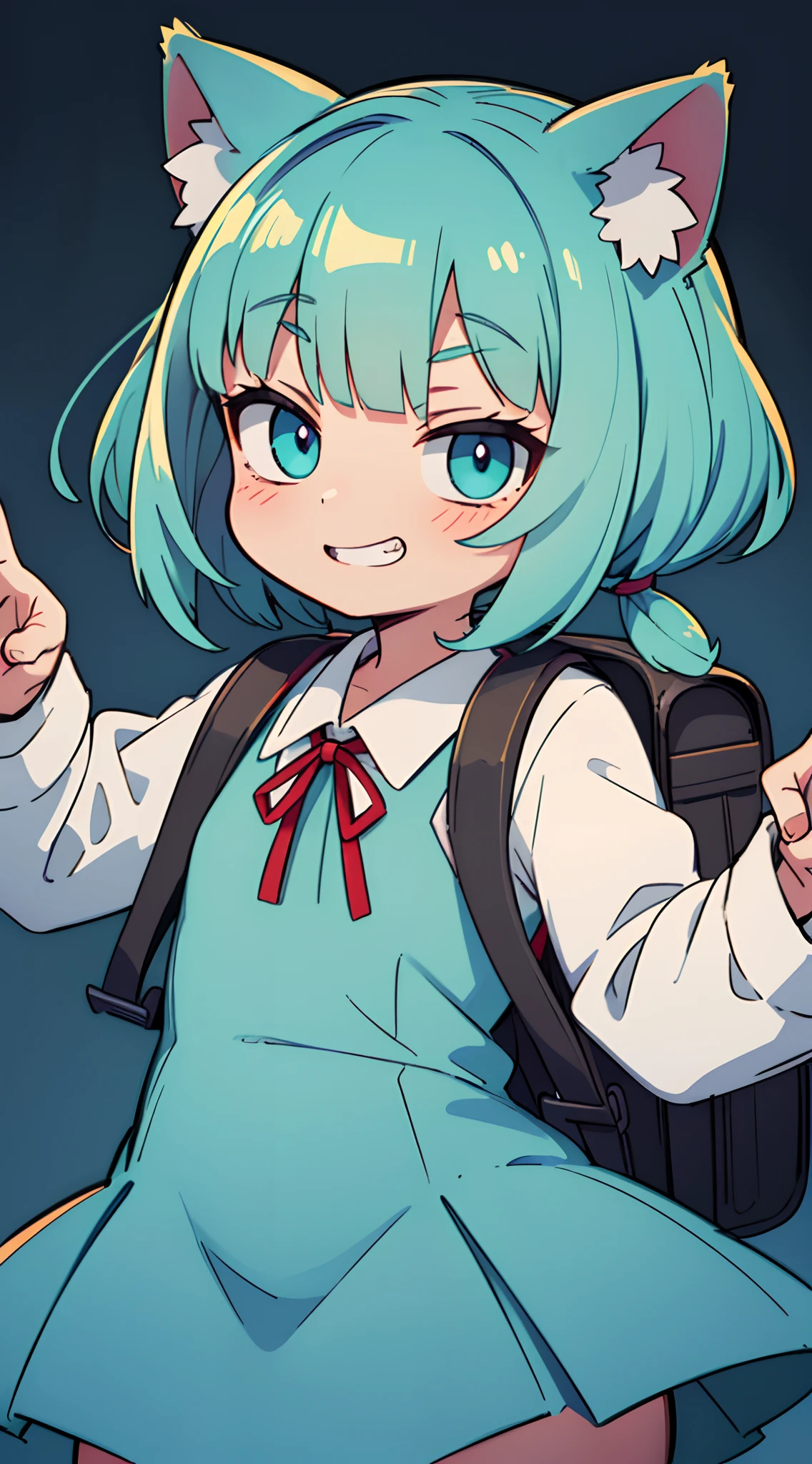 portrait of solo ((catgirl)) (child, 9 years old), ((short fluffy turquoise hair in a wavy bob-cut with (low twintails))), ((turquoise nekomimi)), flat-chested, smug grin, from below, low angle, (dark blue primary schooler long-sleeved one-piece uniform, red ribbon), solid color light background, masterpiece, (facing forward), squinted eyes, (dark turquoise eyes), red primary school backpack