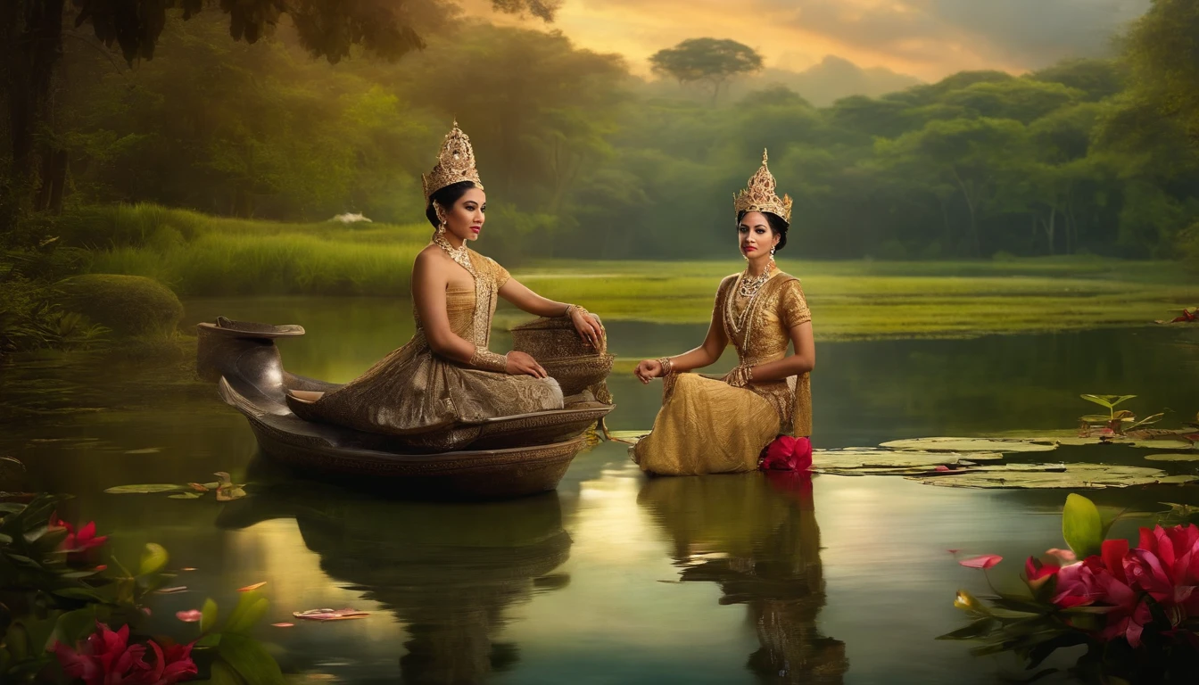 Javanese princess of Indonesia (In the tranquility of a secluded pond at the back of the palace, the princess bathed, accompanied by her loyal courtiers),dramatic bakground