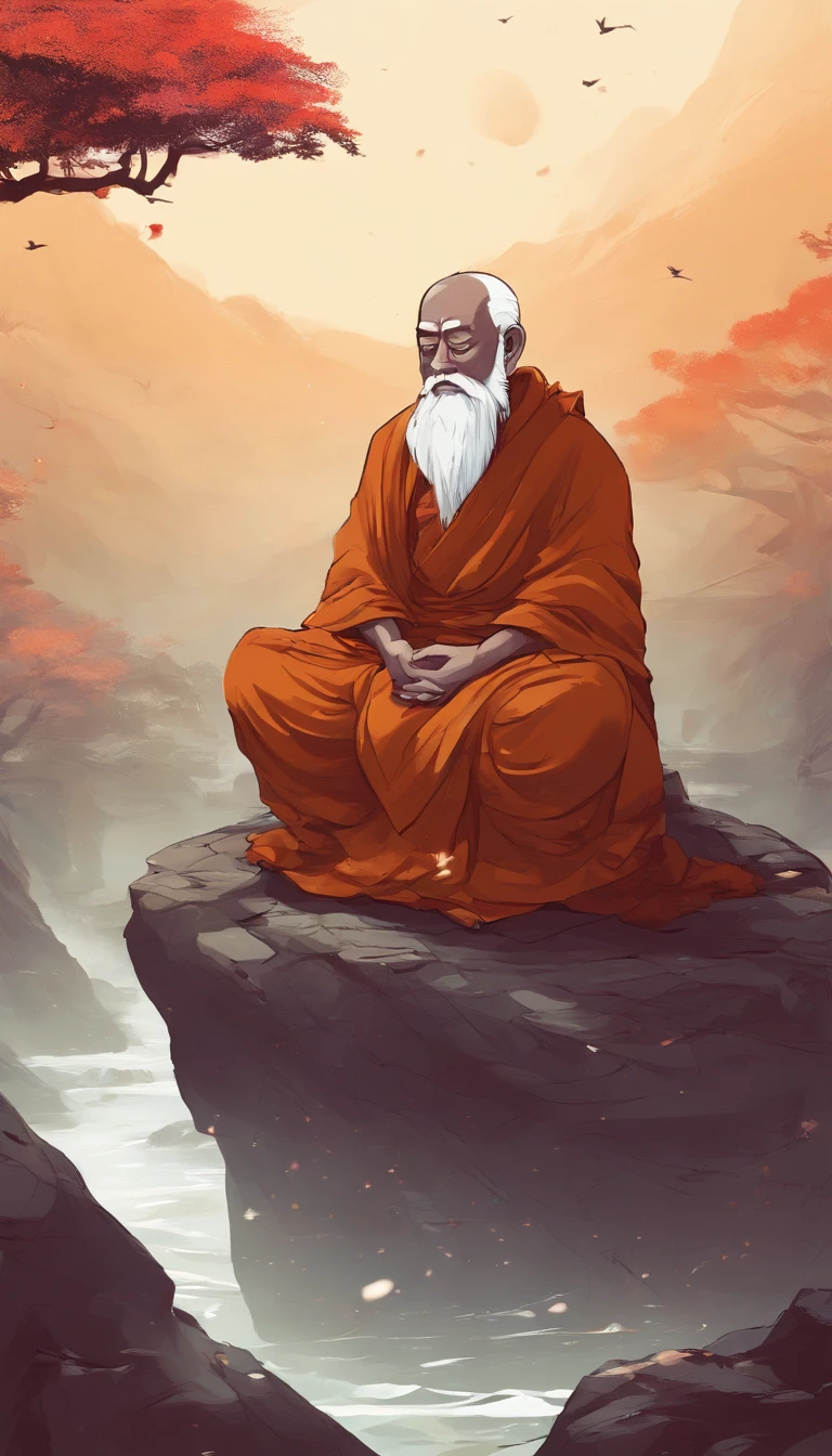 An old monk sits on a large rock,Extremely old monk,(Pray in a lotus pose),Buddhist monk meditation, On the road to enlightenment, Man has a deep connection with God, Zen meditation,brown robe,(Rear view),from back,rear angle,Big light,Buddhism,Beautiful image,epic cinematic shot,Ultra photo realsisim,8K,