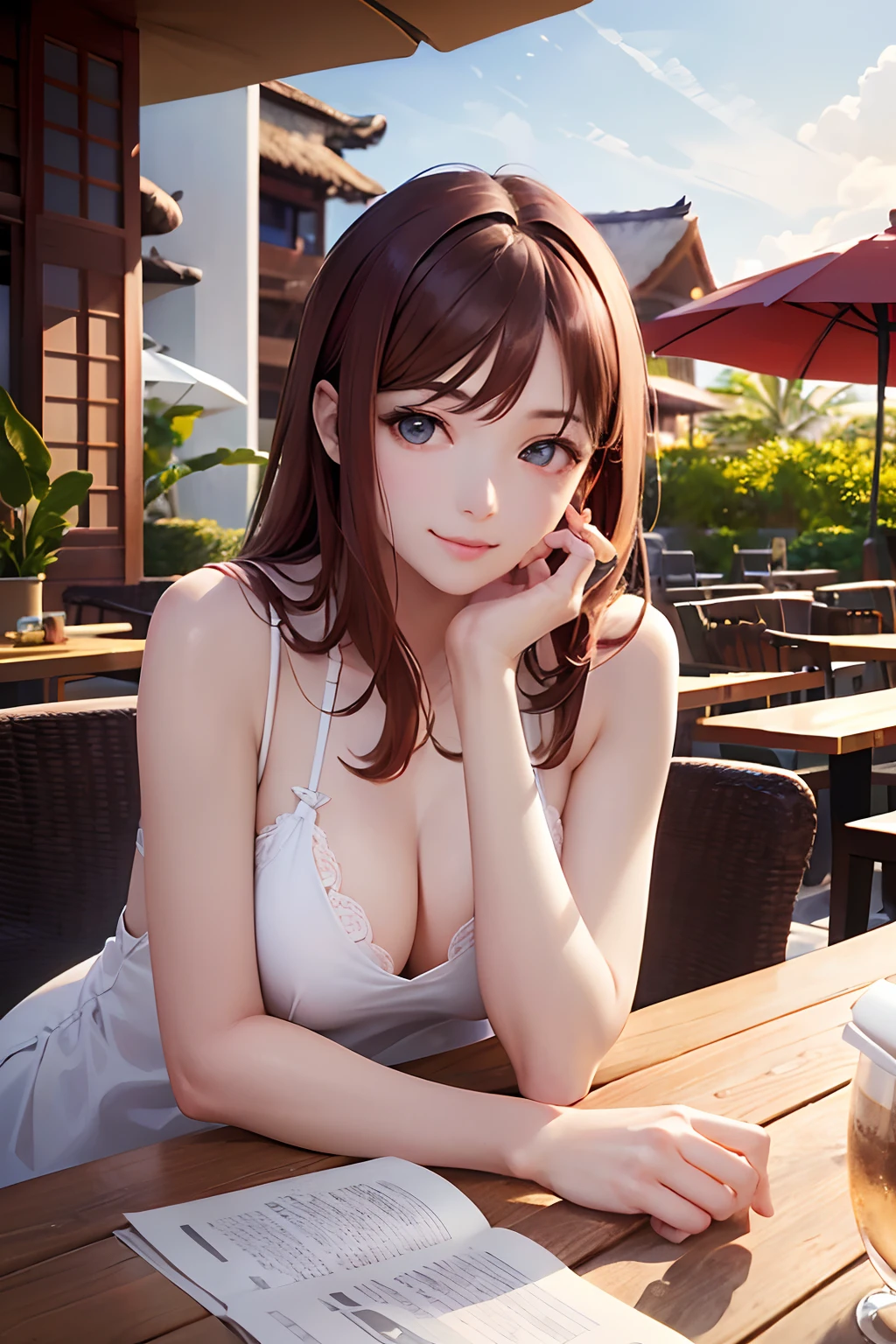 masterpiece, 1 beautiful girls, detaileds, top-quality, 超A high resolution, (Realistis: 1.4), OriginalPhotographs, 电影灯光, A smile, Asian Beauty, very extremely beautiful, Slightly younger face, Beautiful skins, slender, (A hyper-realistic), (hight resolution), (8K), (ighly detailed), (The best illustrations), (beautifully detailed eyes), (ultra-detailliert), (wall-paper), (详细的脸), looking at the viewers, fine detailed, A detailed face、pureerosfaceace_v1、46-point diagonal bangs、beautidful eyes、Beautiful charming anime girl with open mouth、(reddish brown hair:1.5),(At the café terrace of a luxury resort hotel、:1.6)、(Wearing an off-white shift dress:1.5)、(Okappa:1.5)、(Lying:1.5)