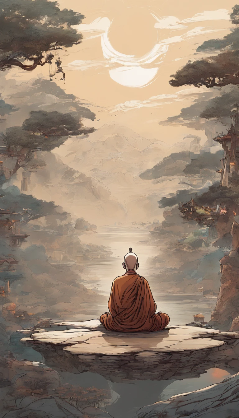 An old monk sits on a large rock,Extremely old monk,(Pray in a lotus pose),Buddhist monk meditation, On the road to enlightenment, Man has a deep connection with God, Zen meditation,brown robe,(Rear view),from back,rear angle,Big light,Buddhism,Beautiful image,epic cinematic shot,Ultra photo realsisim,8K,