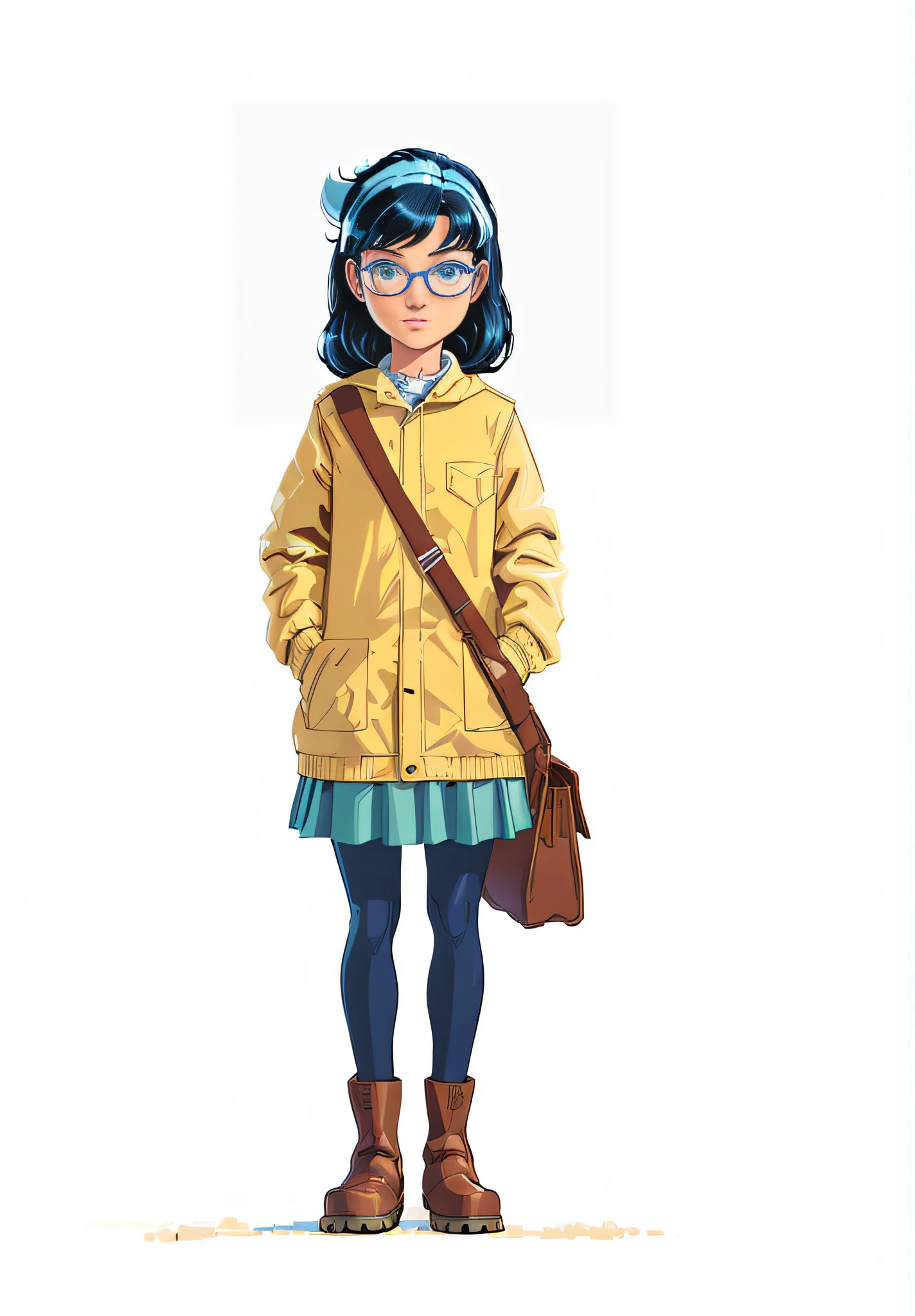 (((digital art, digital painting, western comic, cartoon))), (masterpiece, high quality, clear, detailed:1.3, proportional face), white background, ((little girl, beautiful, cute)), big blue eyes, big round blue glasses, soft smile, short black hair, light blue hair band, hands, in the pocket, yellow jacket, sage green skirt, brown cros body bag, dark blue legging, cream color boots,