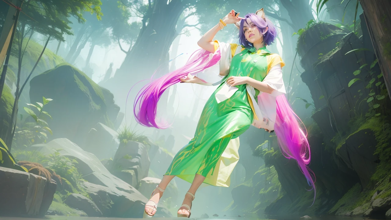 concept art, overhead angle of a Will-o'-the-wisp, wearing Funny Somali Emerald deep orange Pinafore, Caramel hair styled as Short hair, fluorescent purple Hair tie, equirectangular 360, Highres,  [(art by Willi Baumeister:1.1), (art by John T. Biggers:1.2)::17], official art, unity 8k wallpaper, ultra detailed, aesthetic, masterpiece, best quality, photorealistic