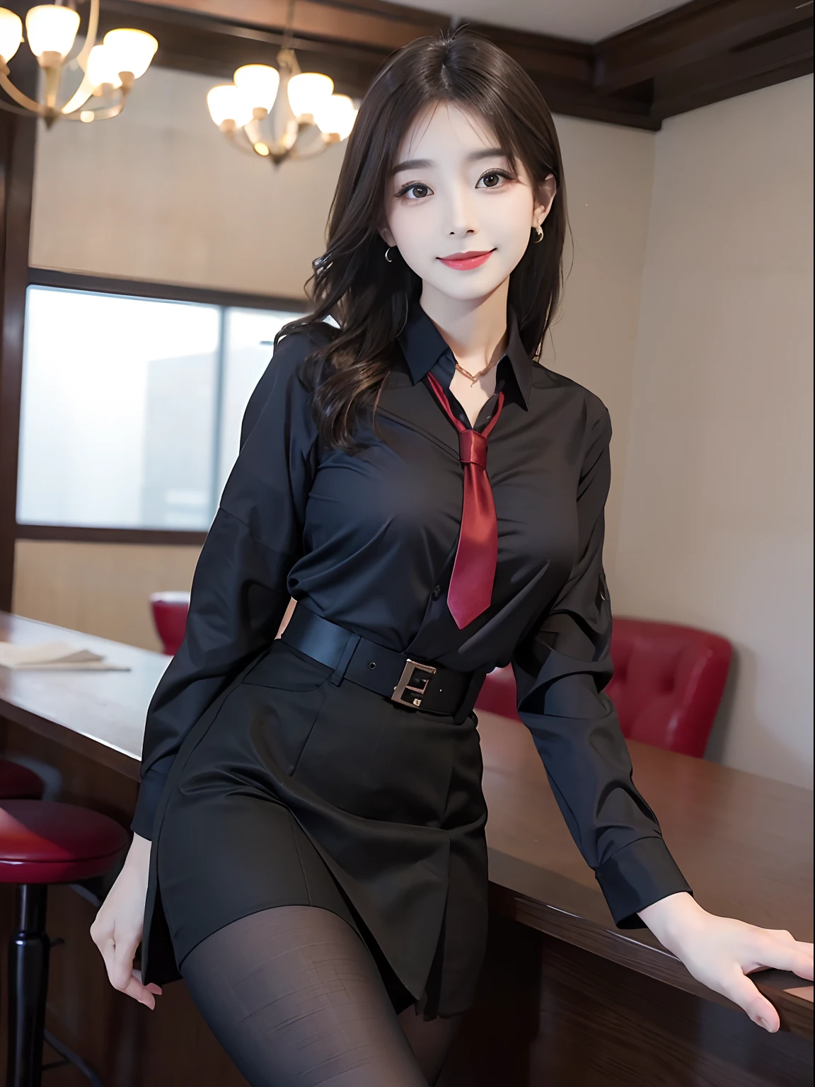 Ultra HD face,1 woman,beautiful face,Slender thin legs,office lady uniform,Superskirt,black lence stockings,Sit Pose