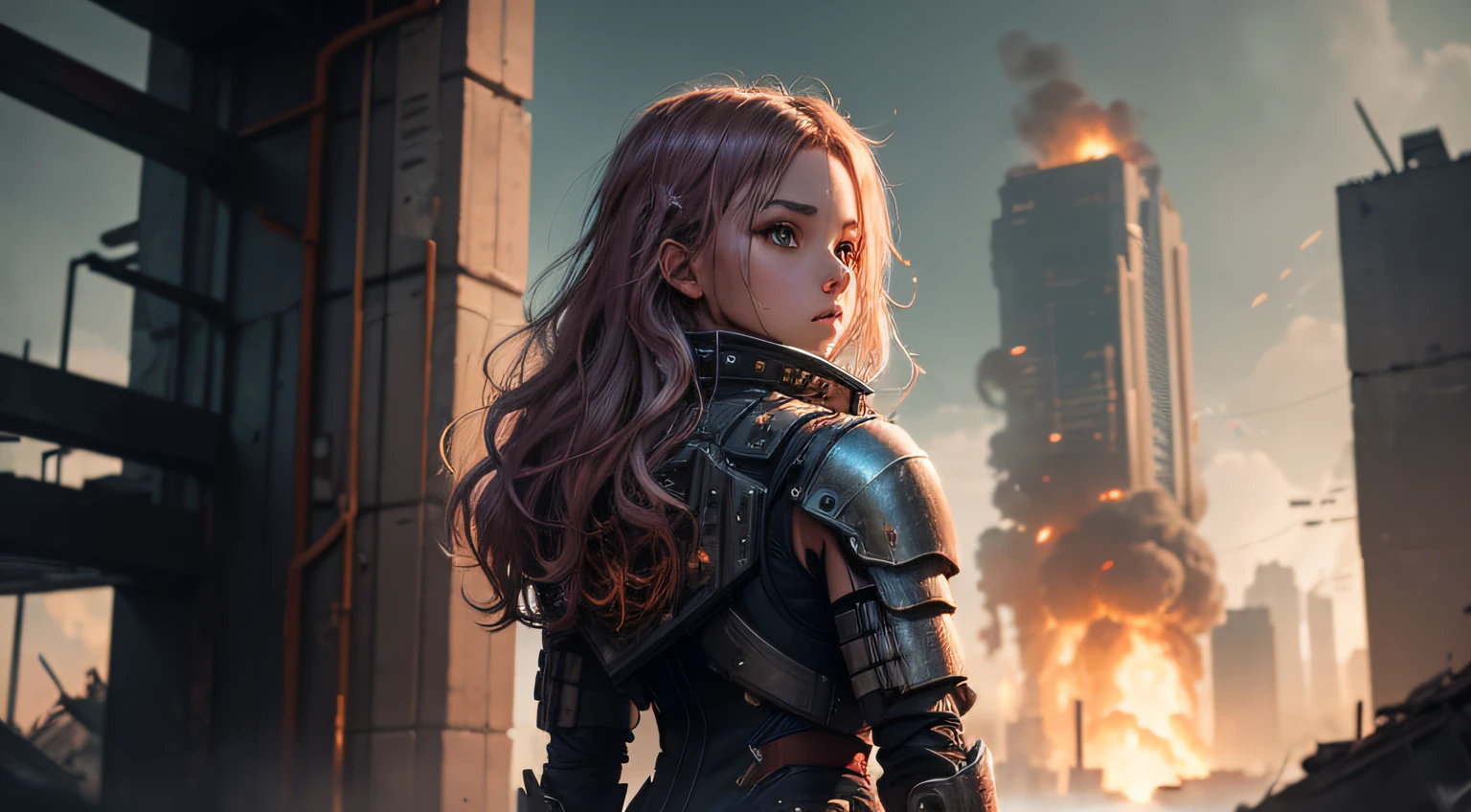 (1girl), shoulder length wavy blode hair, (wearing sci-fi, cyberpunk armour), post apocalyptic settings, explosions and fire in the background, destroyed buildings in the background