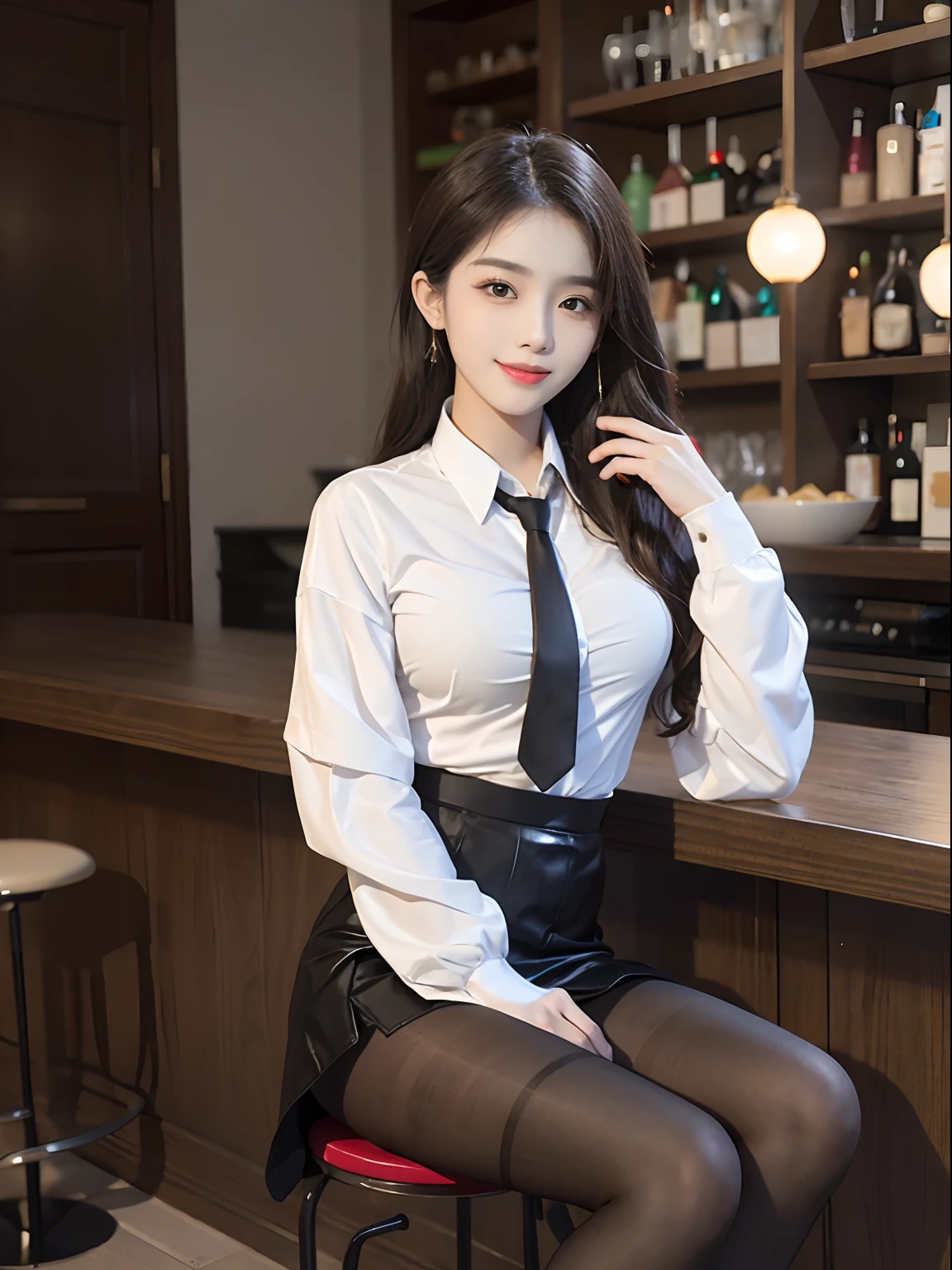 Exquisite, masterpiece, beautiful details, colorful, delicate details, delicate lips, intricate details, large breasts, 1 female, (a beautiful 20-year-old cute Korean woman: 1.1), (kpop idol, Korean mixed), (50mm Sigma f/1.4 ZEISS lens, F1.4, 1/800s, ISO 100, photograpy:1.1), (brunetize: 1.2), (photorealistic:1.4 ), (SPY:1.2), (Open Jacket,Shirt, Skirt,Tie,Black Pantyhose,Christian Louboutin\(Brand\),:1.3), Earrings, Necklace, Armbands, (Tavern, Bar:1.2), (Beautiful Legs, High Girl, Skinny, slim_legs, thigh_gap, Model:1.2), Lens flare, viewed from the front, (Happy smile: 1.1), dynamic pose, (makeup: 1.2), sitting on a bar stool,