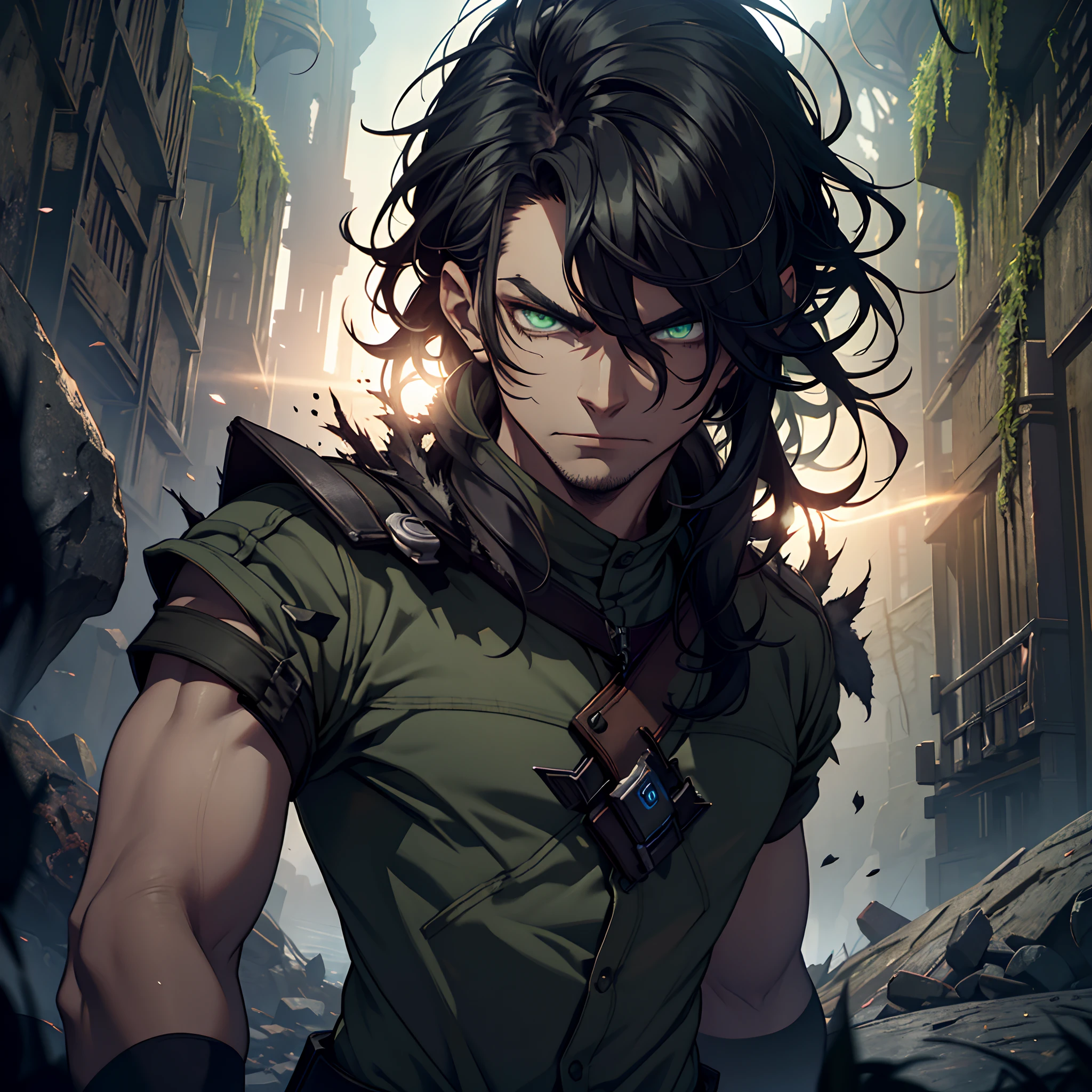 "(best quality, highres), angry young man with intense black hair and vibrant green eyes, dark and misty face, fantasy dark background, cave, ashes scattered around, full body"