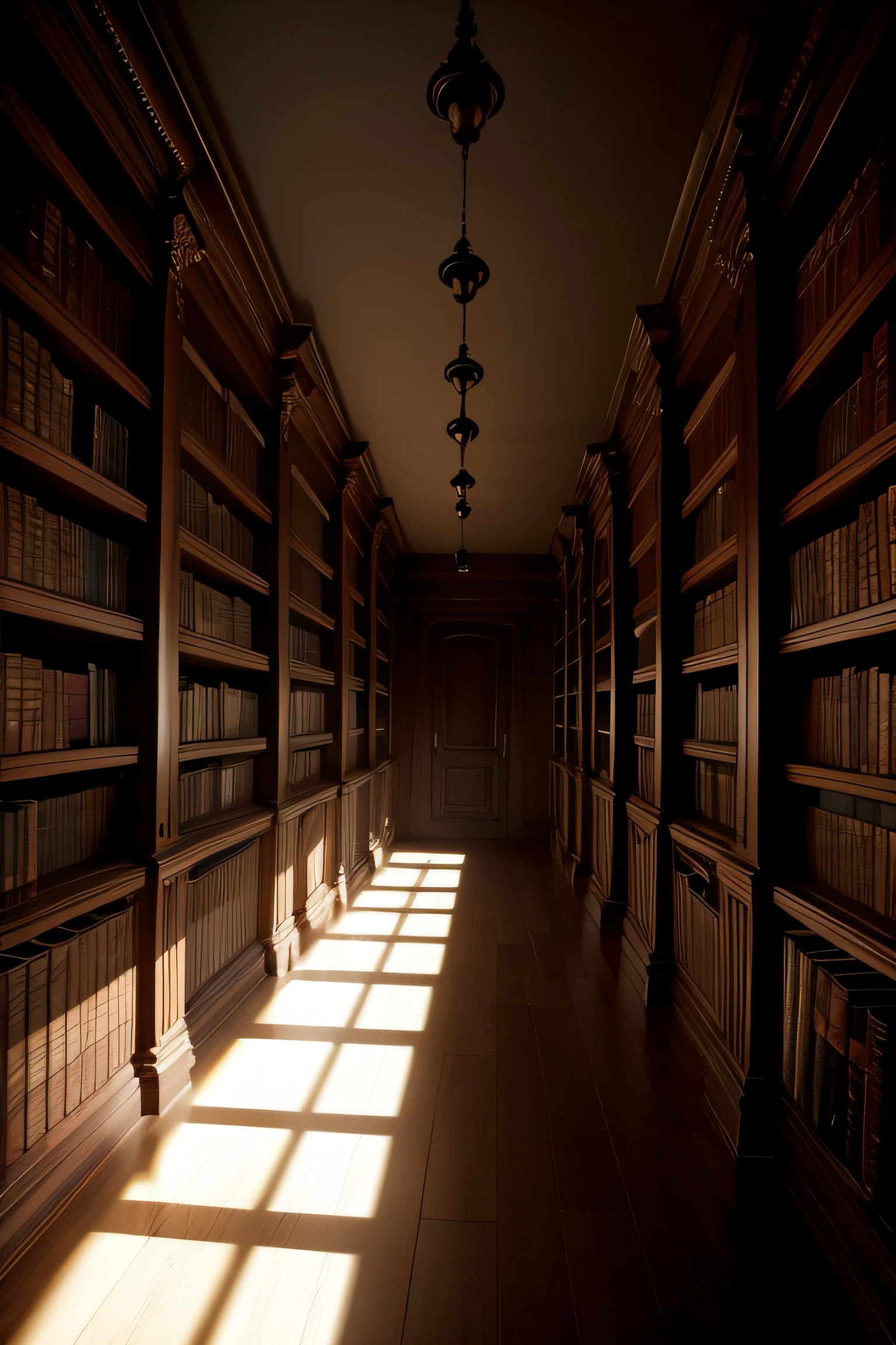 darkened room,Dusty bookshelves,Ominous atmosphere,classical,There is no light source
