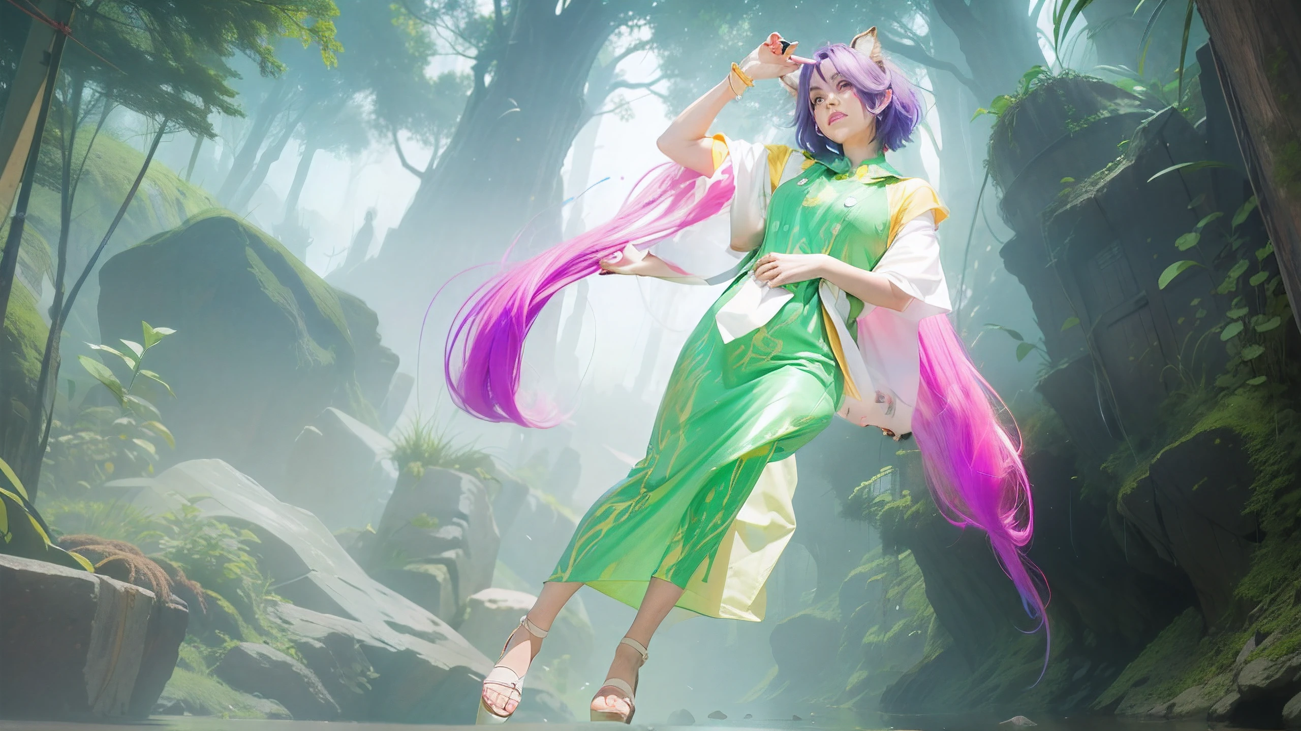 concept art, overhead angle of a Will-o'-the-wisp, wearing Funny Somali Emerald deep orange Pinafore, Caramel hair styled as Short hair, fluorescent purple Hair tie, equirectangular 360, Highres,  [(art by Willi Baumeister:1.1), (art by John T. Biggers:1.2)::17], official art, unity 8k wallpaper, ultra detailed, aesthetic, masterpiece, best quality, photorealistic