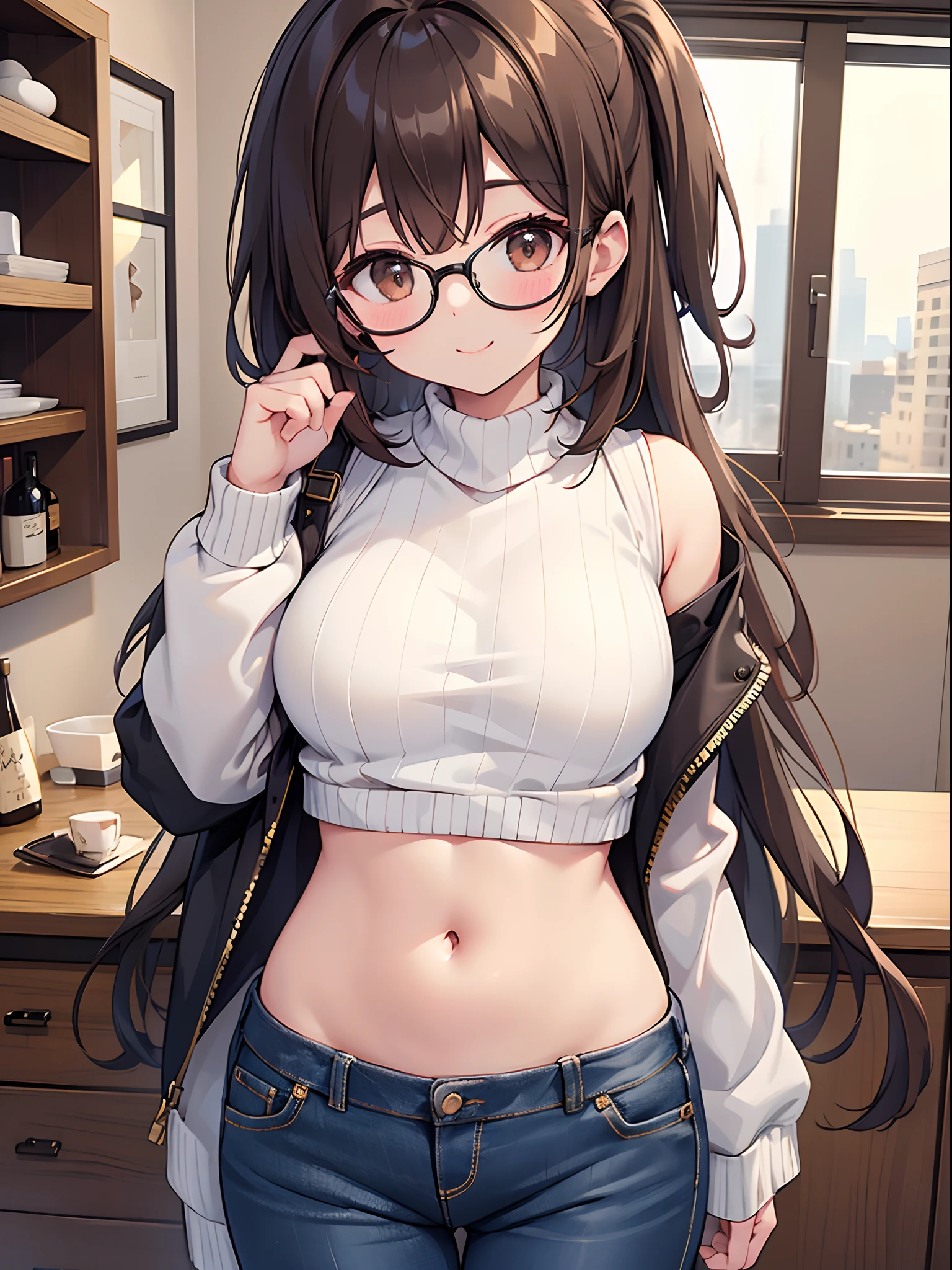 1 female、brown haired、Brown eyes、Black-rimmed glasses、seductive boobs、gorgeous faces、Perfect body。Best Quality、ultra-detailliert、8K resolution、Raw photo、masutepiece。a smile。Sweaters、denim pant。