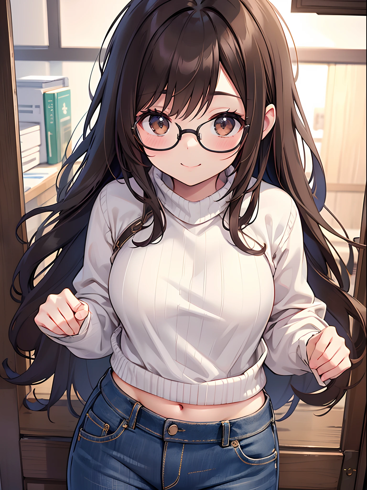 eyes browns, dark brown hair (wavy hair with bangs), square glasses (bigger pussy)