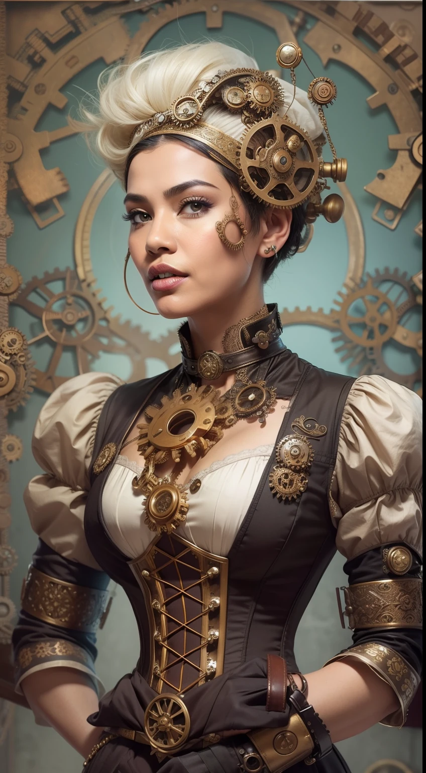 Design a steampunk-inspired portrait where the Malay woman wears a Victorian-era corset and gears-adorned attire, very short white pixie cut hair, surrounded by intricate steampunk machinery, symbolizing creativity and innovation