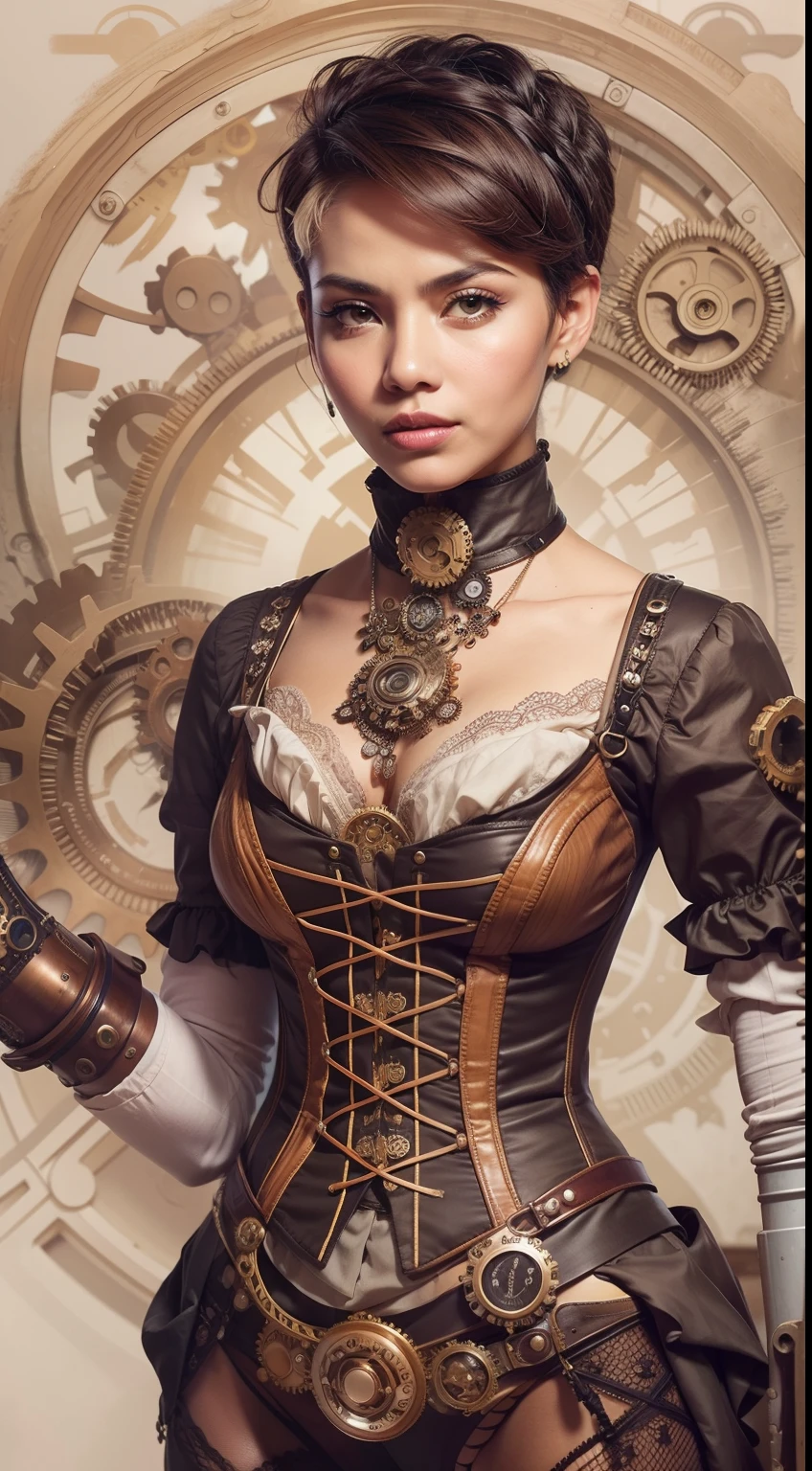 Design a steampunk-inspired portrait where the Malay woman wears a Victorian-era corset and gears-adorned attire, very short white pixie cut hair, surrounded by intricate steampunk machinery, symbolizing creativity and innovation