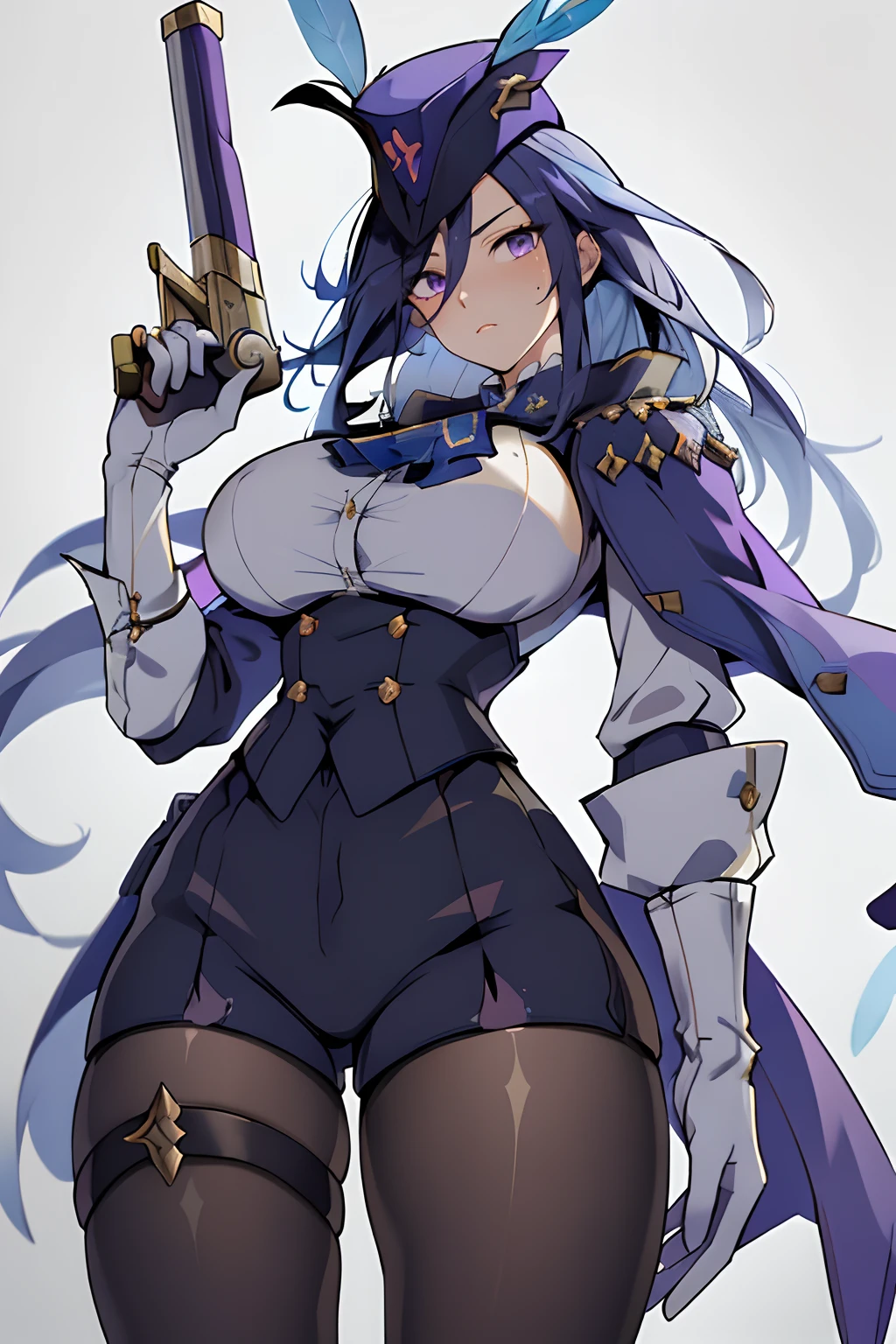 (masterpiece, best quality:1.3), clorinde, 1girl, weapon, solo, gun, long hair, hat, holding, gloves, breasts, white gloves, purple eyes, blue hair, holding gun, hat feather, pantyhose, looking at viewer, thigh strap, ascot, shirt, large breasts, shorts, cowboy shot, long sleeves, cape,