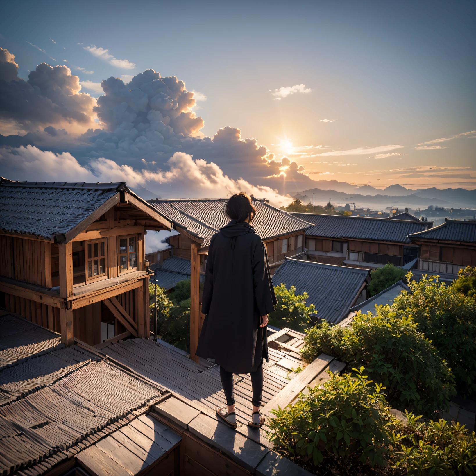 Side 32K,exteriors,the roof,People are small(tmasterpiece,k hd,hyper HD,32K)32K(tmasterpiece,k hd,hyper HD,32K)Long flowing black hair,zydink, a color, patriot (废墟), (Linen batik scarf)faceted