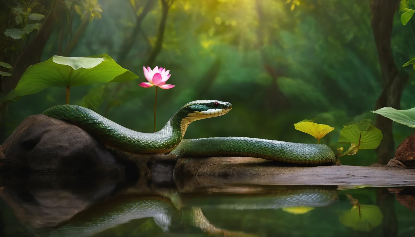 A huge snake rolling on a rock, a pool of water, a lotus flower, a big banyan tree, the king was surprised to see the snake.