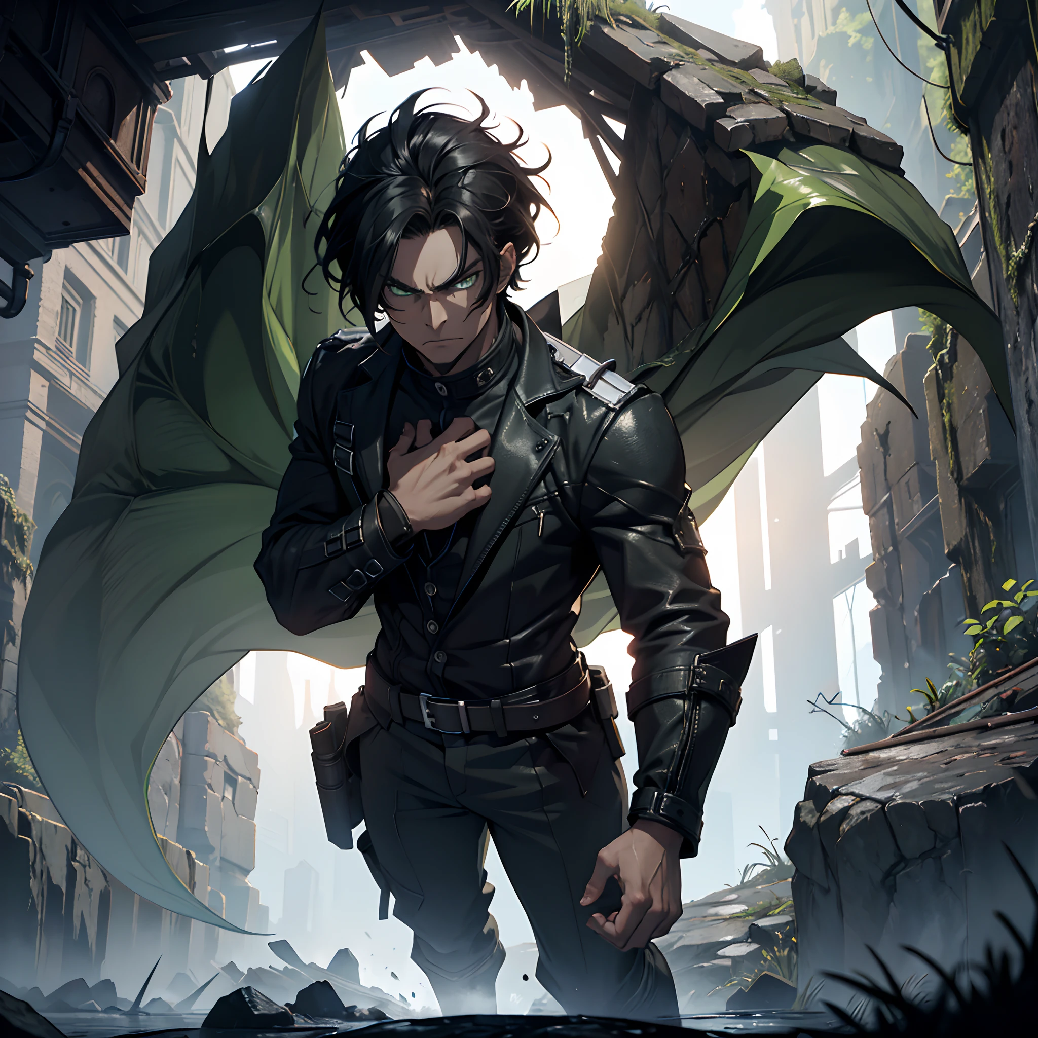 "(best quality, highres), angry young man with intense black hair and vibrant green eyes, dark and misty face, fantasy dark background, cave, ashes scattered around, full body"