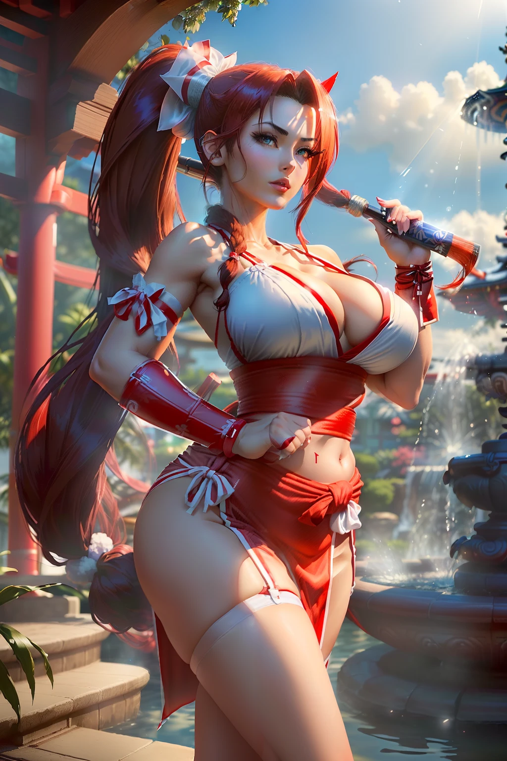 ((Mai shiranui from king of fighters series)) (beautiful face)(big glowing blue eyes)(red lips) (((very long light brown pony tail hairstyle))) ((very huge breasts) (perfect slim body) (wears sexy red dress with white ornament), (shinnobi gauntlets, stocking) ((big fabric strap around waist)) (posing sexy alongside lotto fountain garden) ((hold japanese fan on hand)) (high definition, amazing lights and shadows) ((masterpiece)) (8k) (perfect face) (ultra details) (perfect hands, eyes, and face)