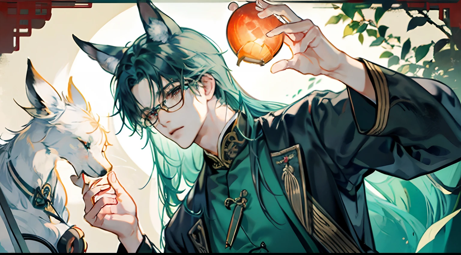 tmasterpiece,Need,A man,China-style,Chinese Ancient Times,Blue-green hair,dishiveredhair,long whitr hair,with long bangs,Handsome,virile,gentleness,large tall,A tranquil,Black robe,exteriors,cloaks,High hills,nevando, Young men,Quaint,tmasterpiece,Need,Leprechaun,red fox,Animal ears,Handsome guy,Silver,Long hair,Hair is scattered,Dark Hanfu,There are glasses on the face,Cool handsome