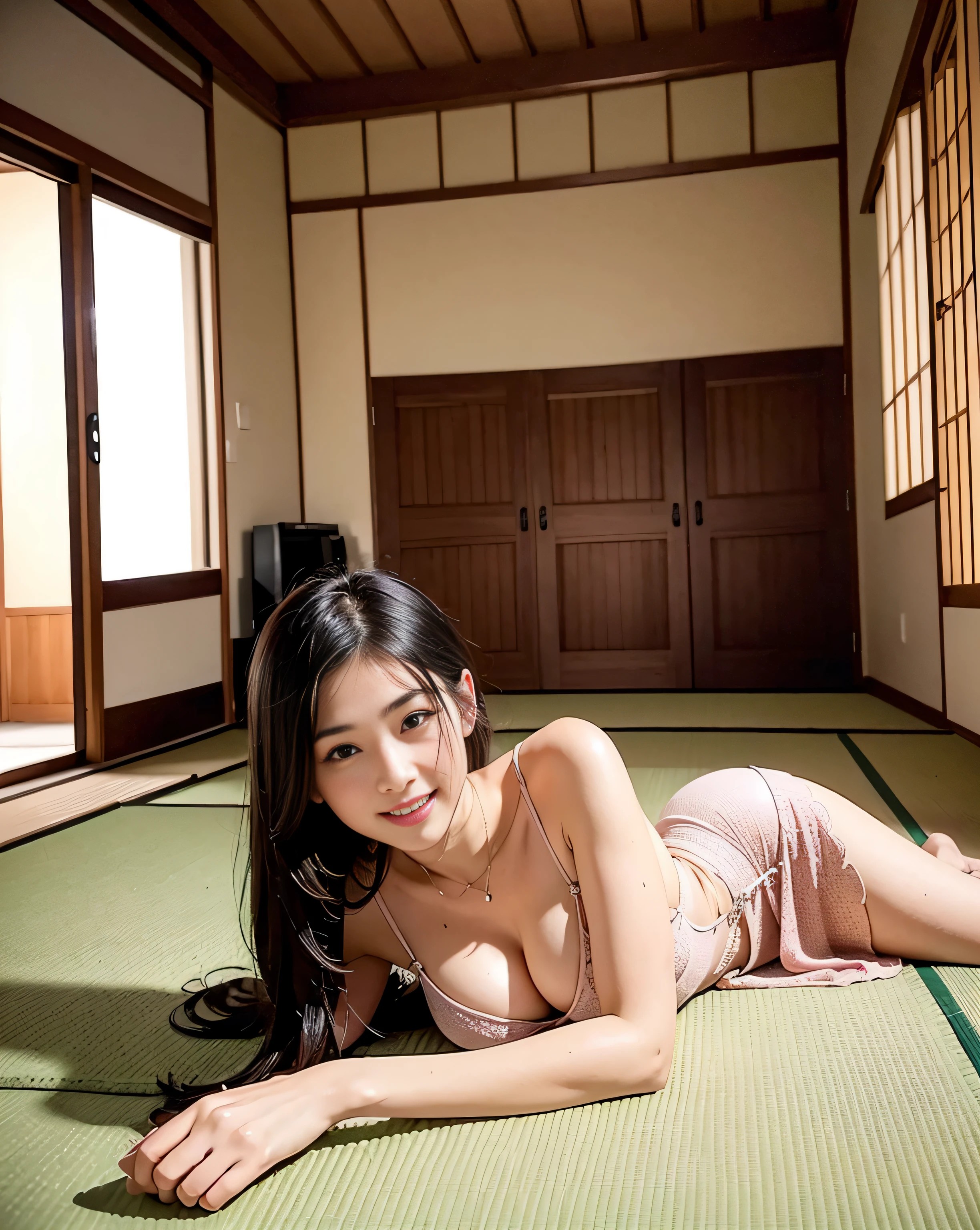 (Photorealsitic, Detailed face, Detailed skin, 16 K, Best Quality, Perfect , masutepiece) , Photo of woman relaxing in old Japan house, mid night,Dark,Twilight, bustshot, Sweet smile,deep v neck, Large breasts, wide chest opening, Deep cleavage, Elegant dress,Woman lying on futon, Interior of an old house with natural beauty and a calm Japan, a bucket of water in the kitchen placed on an earthen floor where cooking or agricultural work was carried out,,Tatami floor room at the back of the dirt floor, Tatami mats, Rooms with multiple rooms separated by fusuma, coat, futon bedding、bureau、Shoji paper pasted on the window of the room,Shoji paper brings soft light to the room with the transparency of Japanese paper...,