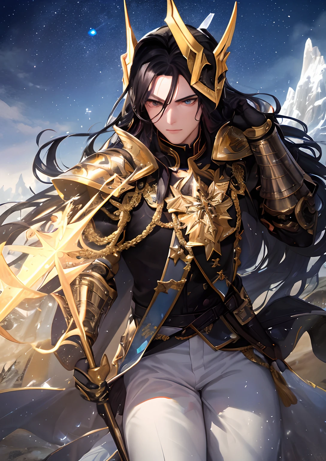 superfine illustration, very detailed beautiful face and eyes, Dynamic Angle, Head to knee display, Man Standing On Snowy Mountain, Man in a strange pose, crystal clear skies, Wear black and gold armor, Handsome man with long black hair, Take a playful pose here, Wearing a helmet with a large golden decoration,Running