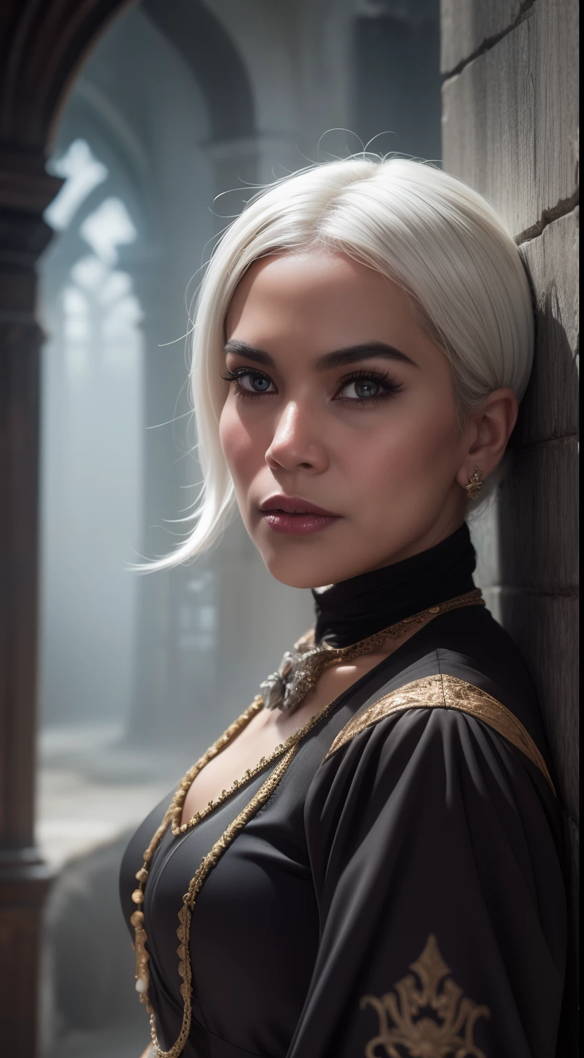 Design a mysterious and haunting portrait of the Malay woman in a Victorian-era gown, white hair, surrounded by eerie, fog-shrouded ruins, creating an atmosphere of Gothic horror