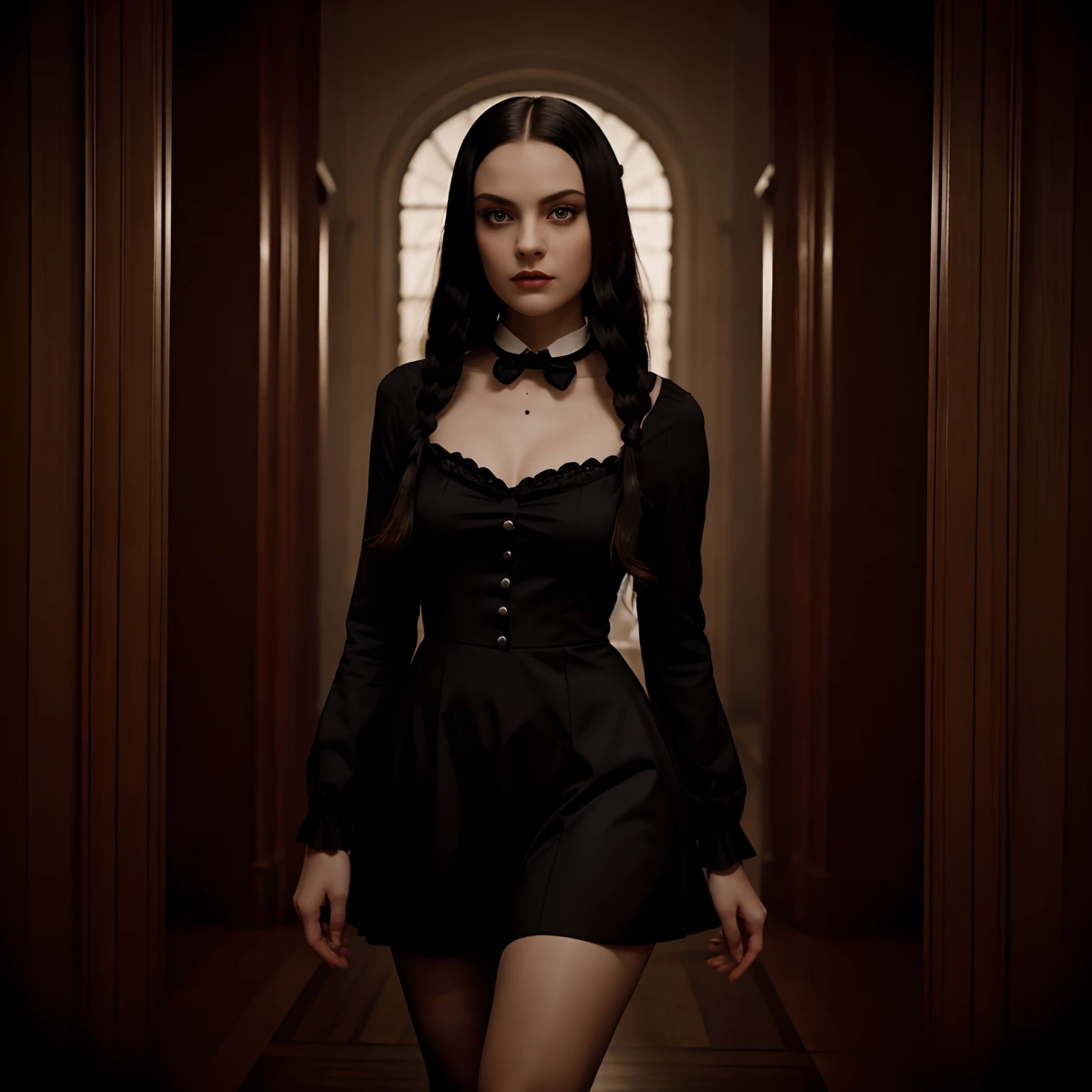 Generate full-body photography of Autumn, the charismatic influencer, embodying the iconic Wednesday Addams from the Addams Family. She should appear in her mid-20s, standing approximately 5'4" tall, with long, wavy chestnut hair that cascades gracefully onto her shoulders. Autumn boasts an athletic hourglass figure, elegantly accentuated by her full bust. Her complexion exudes perfection, adorned with a warm, sun-kissed tan. Autumn's expressive brown eyes radiate charisma, and she maintains a relaxed and confident demeanor.Autumn should be dressed in an impeccable Wednesday Addams-inspired ensemble. Her attire includes a fitted, knee-length black dress with a white Peter Pan collar. She pairs this with matching black stockings and plain black shoes, completing the classic look.The surroundings should set the stage for the Addams Family's eerie yet charming ambiance. The photoshoot takes place in a mysterious and dimly lit Victorian-style mansion, with antique furniture and peculiar decorations, capturing the essence of the Addams Family mansion.In terms of poses, Autumn should channel Wednesday's enigmatic persona. Capture her in a series of poses that convey a sense of curiosity, mystery, and a touch of dark humor. These poses should highlight her uncanny ability to embody the character.Employ an intense look, dark makeup, and symmetrical features to recreate Wednesday Addams' distinctive appearance. Utilize photorealistic techniques with path tracing, specular lighting, volumetric face light, path-traced hair, visible shadows, and intricate details to bring Autumn's transformation into Wednesday Addams to life. Create an elaborate and hyper-realistic portrayal of this iconic character.