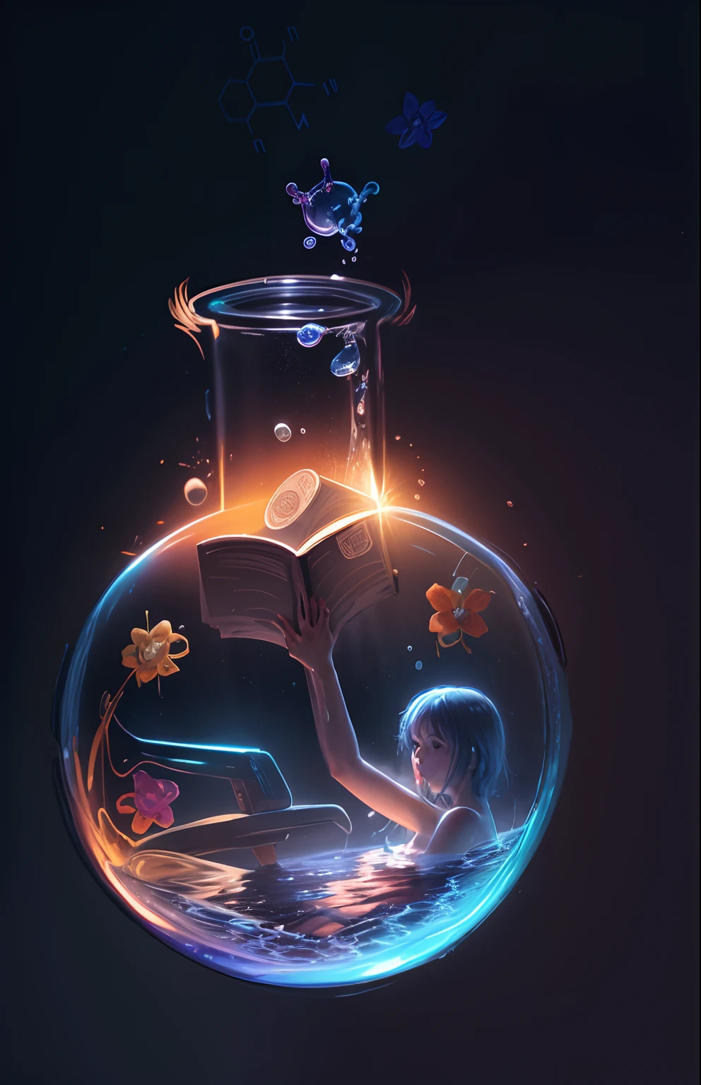 9:11 Wallpaper , Full Hd , Realistic Art , Colourful image, master piece, anime style , a girl drowning into water in a jar holding a book of chemistry