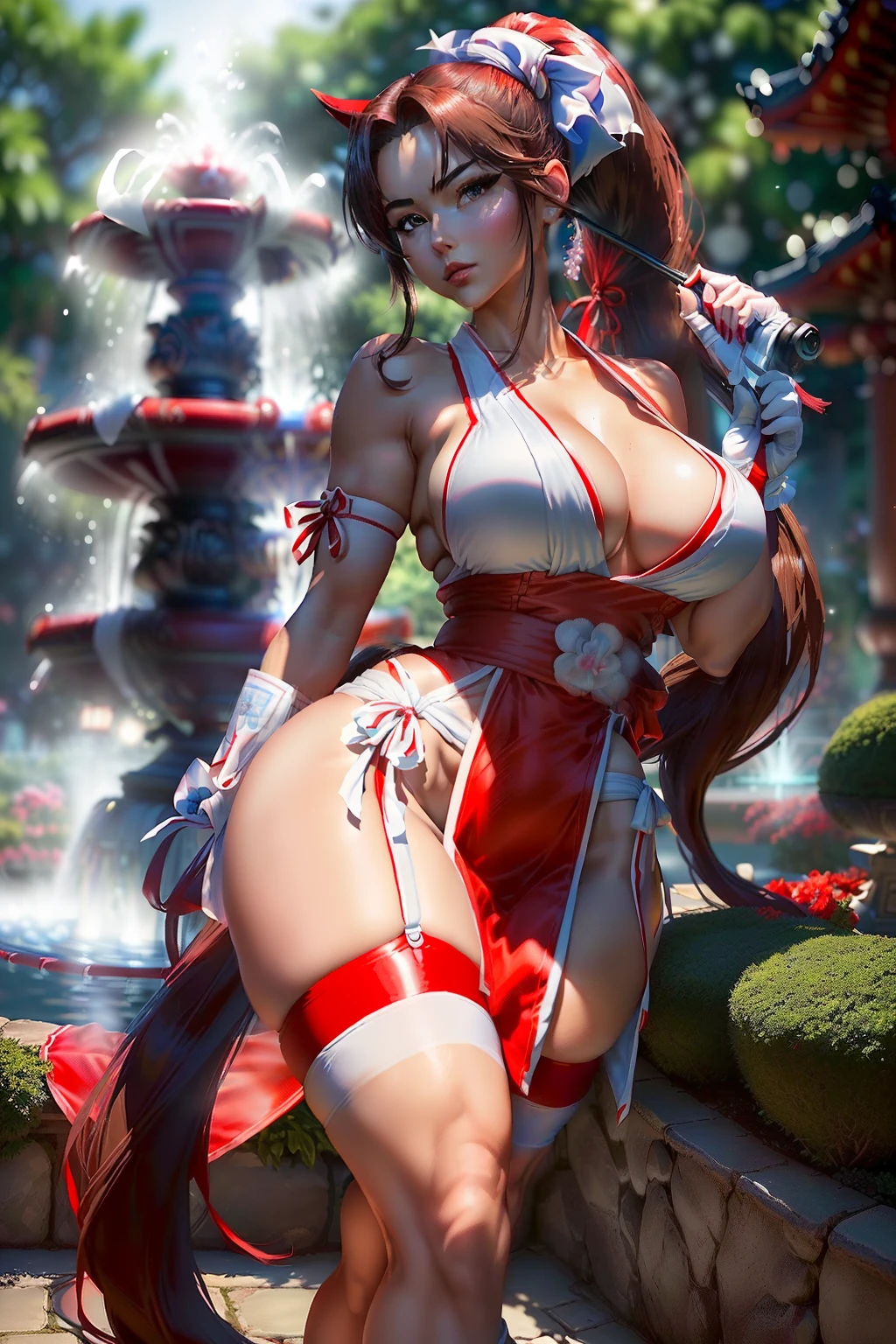 ((Mai shiranui from king of fighters series)) (beautiful face)(big glowing blue eyes)(red lips) (((very long light brown pony tail hairstyle))) ((very huge breasts) (perfect slim body) ((wears sexy red dress with white ornament)), (shinnobi gauntlets, stocking) ((big fabric strap around waist)) (posing sexy alongside lotto fountain garden) ((hold japanese fan on hand)) (high definition, amazing lights and shadows) ((masterpiece)) (8k) (perfect face) (ultra details) (perfect hands, eyes, and face)