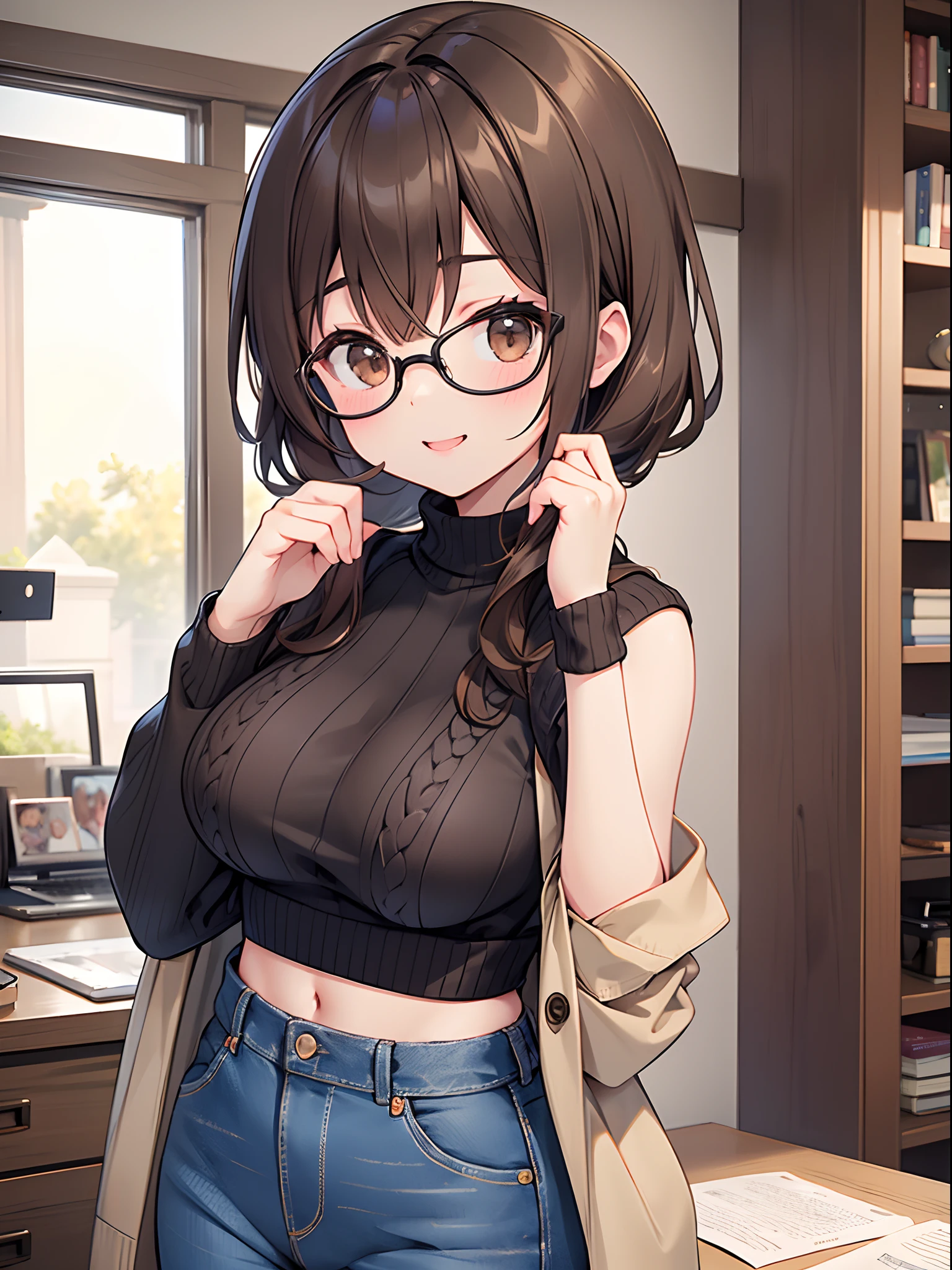 ((masutepiece)), ((Best Quality)), (Ultra-detailed), ((kawaii)), Cute, (lovely), ((Sexy)), (Ero), ((Extremely detailed)), 4K, (8K), Best Quality, (Beautiful), Anime style, Upper body, full body focus, Autumn, s, 1girl in, Solo, Sweaters, jeans, Beautiful dark brown hair, Beautiful purple eyes, ((Beautiful eyes with highlights )), White-skinned, Ponytail, Transparent hair, translucent hair, large full breasts, Glasses, earrings, Smile, Wind-effect, reflection effect
