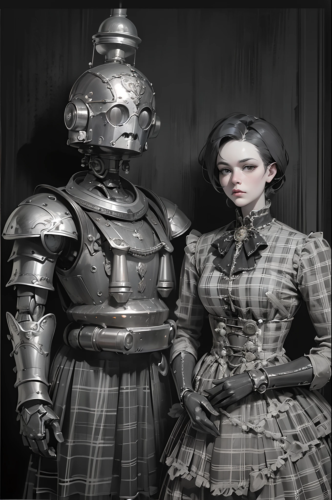 there is a robot and a woman dressed in costumes side by side, victorian science fiction inspired, hugh kretschmer, plaid attire, wearing ornate armor, daguerreotype photography, cinematography 2009, cinematic widescreen footage, black and white color photography, fashion photography fine art, cgsociety!, mad max style, scottish folklore, kenny mcbride