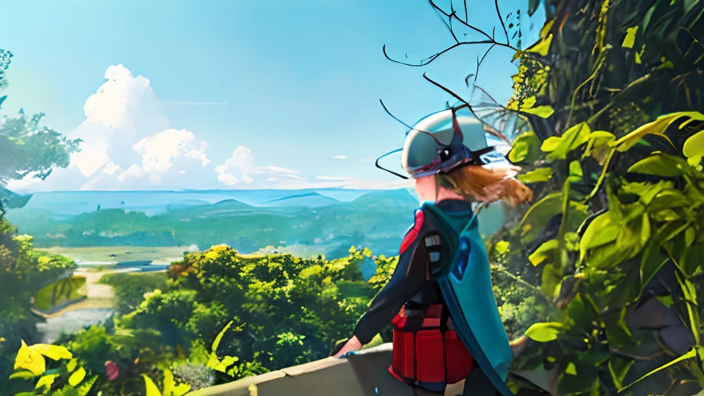there is a woman that is standing on a wall with a helmet, jungles in the background, view from the top, in the background is lush jungle, overlooking a valley, 8 k. filling most of the view, valley in the distance, jungle in background, gazing off into the horizon, 8 k. filling of the view, with mountains in the distance
