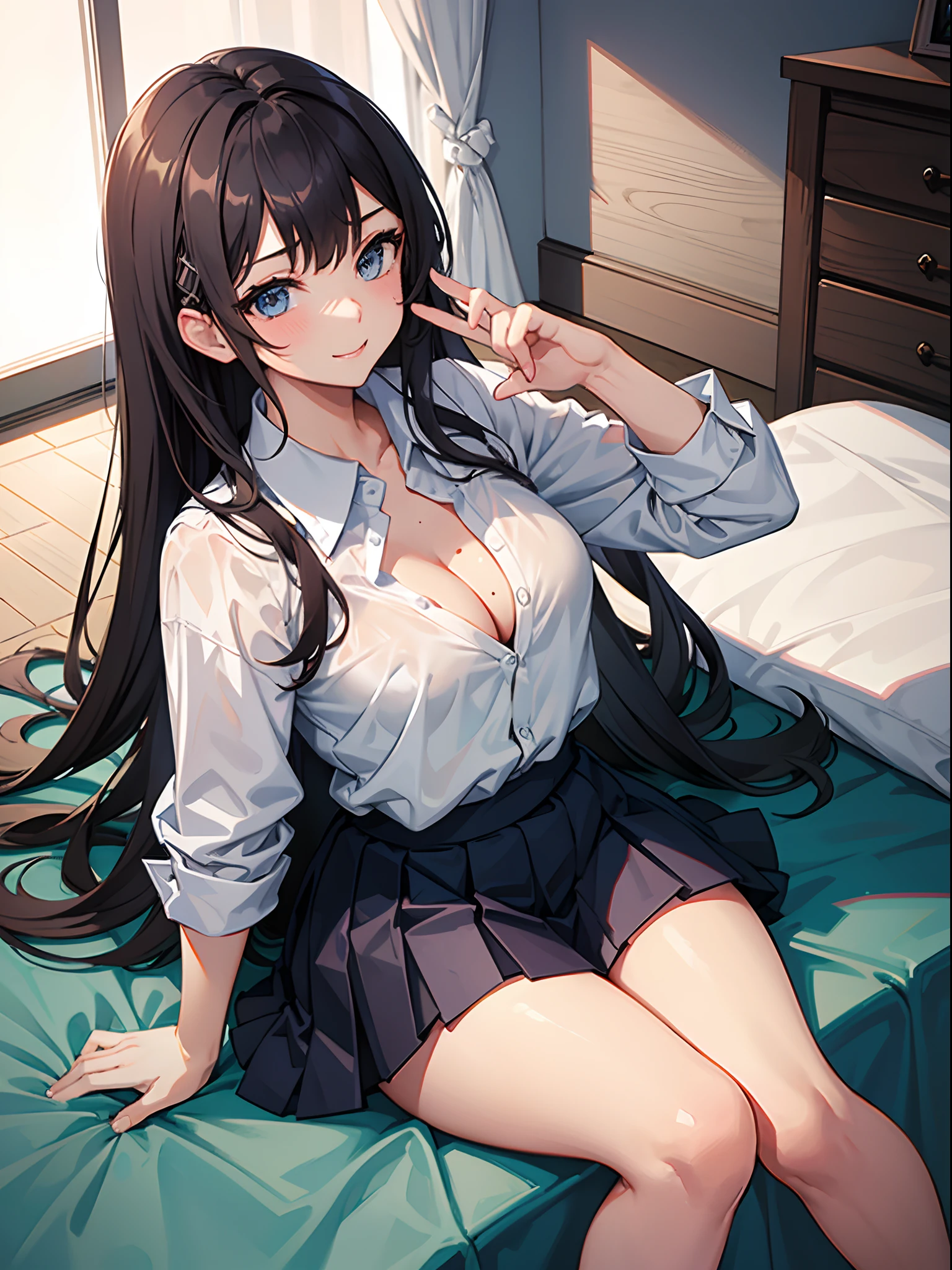 Mole under the right eye, 1girl, , Gyaru appearance, blonde long hair, blue eyes, White button up shirt, Blue pleated skirt, loose clothing, look from above, large breasts, H-Cup breasts, Shirt bulging on chest area, Blue hair clip on bangs, Thighs are attractive, thick thighs, A teasing grin, mischievous expression, small blush, Girl sitting, on the beds, reaching for viewer