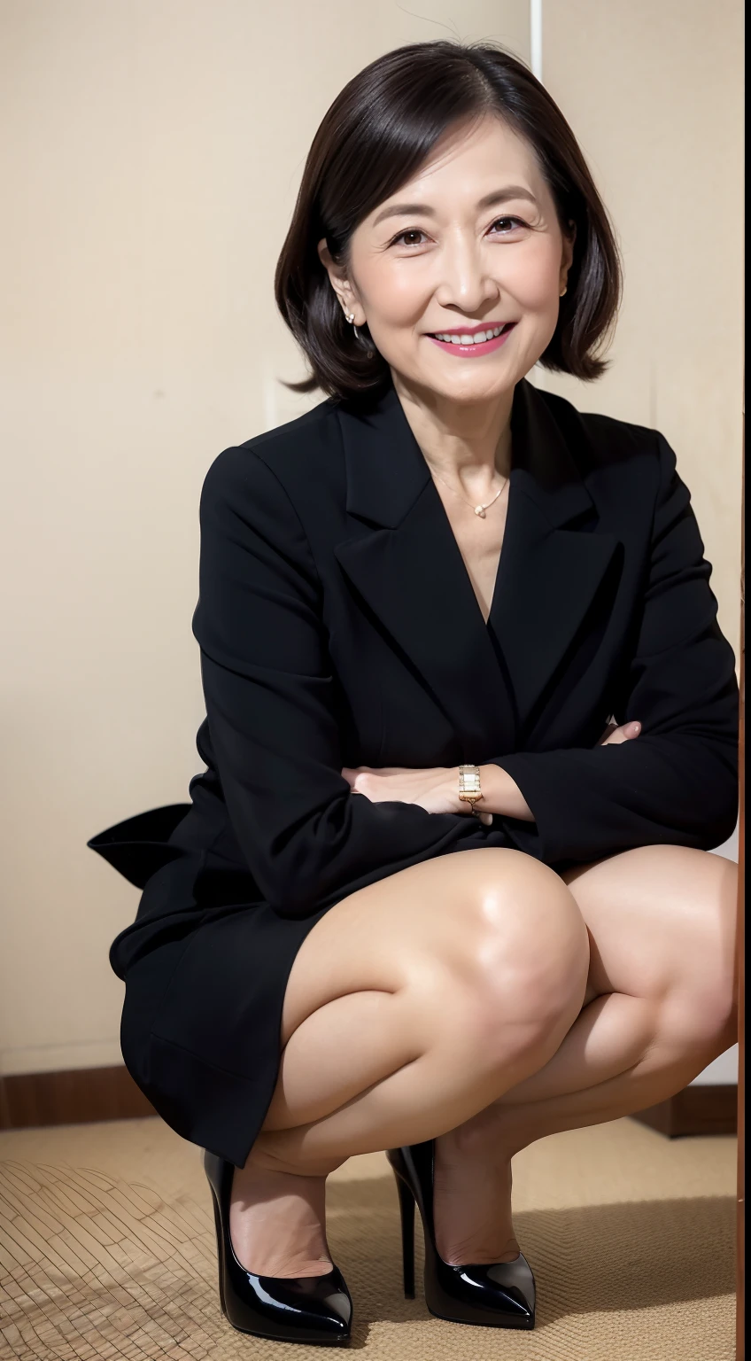 Masterpiece,Best quality, (maam. clerk:1), (Long-range shots)), big pelvis,1.8 meters tall, Smile,Squat,spread their legs,The thighs can be seen,red high heel pumps,toilet bowl,Long legs,skin hyper-detail,Clear pores,in a panoramic view,Cocked buttocks,black lence stockings,Mature at 90 years old, A noble and elegant Japanese woman, Perfect face, Fantastic look, (Detailed facial features), Clean and nice face,Photorealistic, Sharp focus, Wavy hair, Wrinkles at the corners of the eyes,