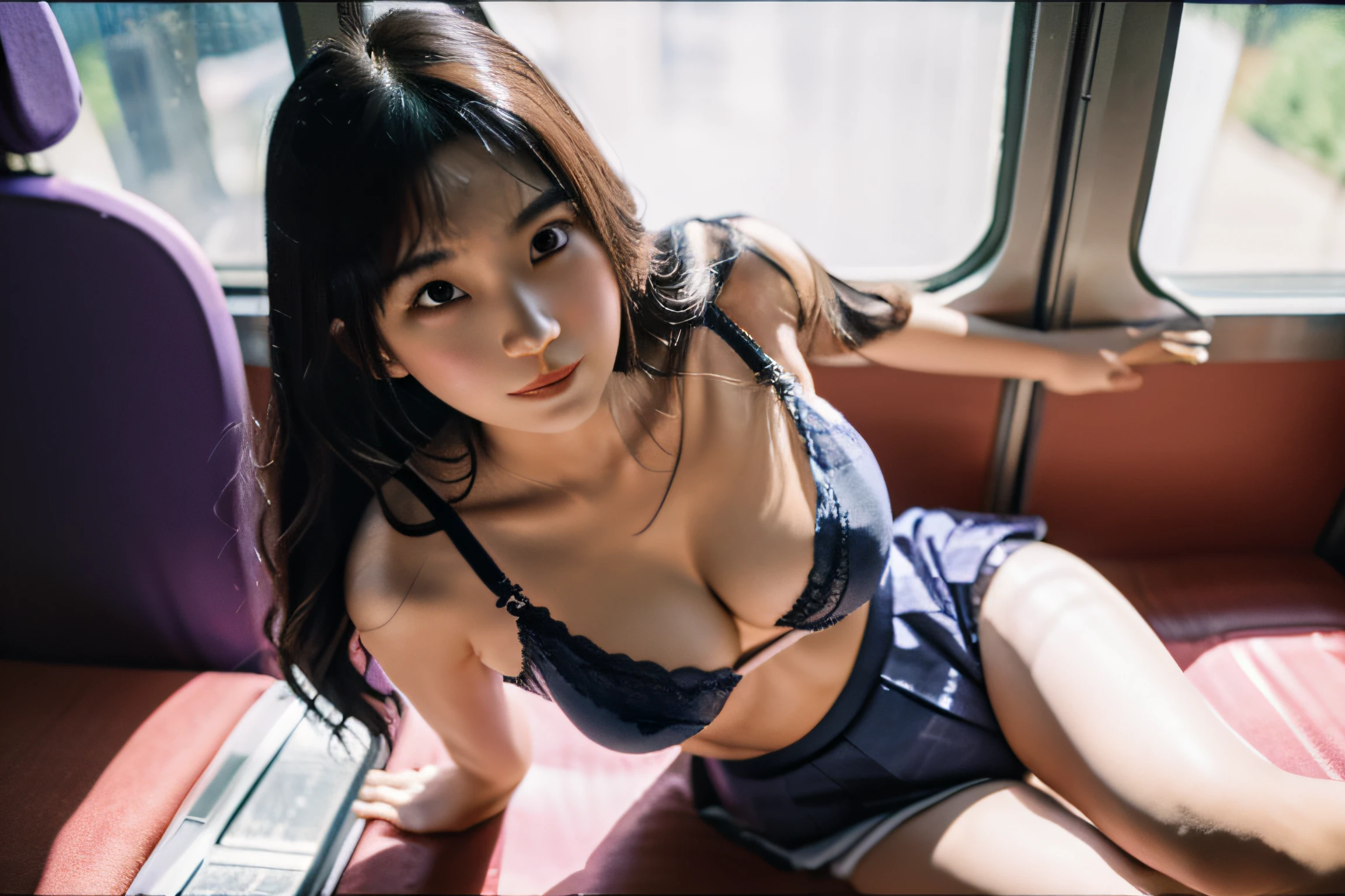 ultra-definition、realisitic、((a 18 year old girl))、(kawaii)、with round face、Beautiful skin、Beautiful wavy hair、Open your crotch、A smile、blush、in school uniform、White shirt、Black bra、(Perfect body)、acurate、realisticlying、A slender、slender constriction、((Colossal tits))、((cleavage))、Full body shot、On the train、sitting on