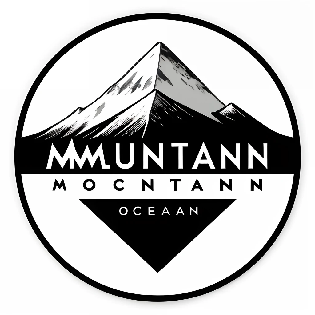 ( Mountain on ocean Mountain minimalist logo), simple logo, minimalism, transparency,white background, round emblem with minimalist design, weights,digital vector graphic style, logo design work, accurate design, palette with great detail precision, vector image, professional photography, isometric, black and white color.