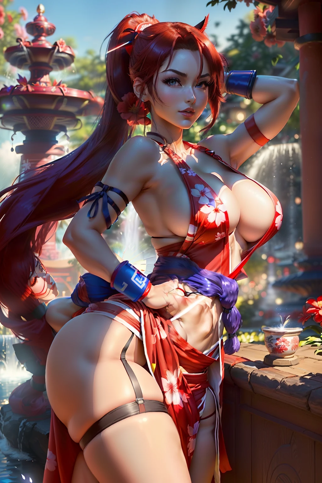 ((Mai shiranui from king of fighters series)) (beautiful face)(big glowing blue eyes)(red lips) (((very long light brown pony tail hairstyle))) ((very huge breasts) (perfect slim body) ((wears sexy red dress flower prints)), (shinnobi gauntlets, stocking) ((big fabric strap around waist)) (posing sexy alongside lotto fountain garden) ((hold japanese fan on hand))  (high definition, amazing lights and shadows) ((masterpiece)) (8k) (perfect face) (ultra details) (perfect hands, eyes, and face)