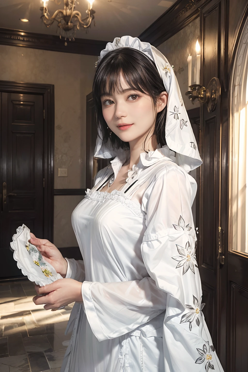 04
(Black Shorthair:1.3), (a 20 yo woman), (A hyper-realistic), (Masterpiece), (8KUHD), Beautiful woman, a smile, (Wearing a white maid outfit:1.3), (Maid clothes with floral patterns:1.2), Spacious and luxurious entrance, Standing in front of a large front door