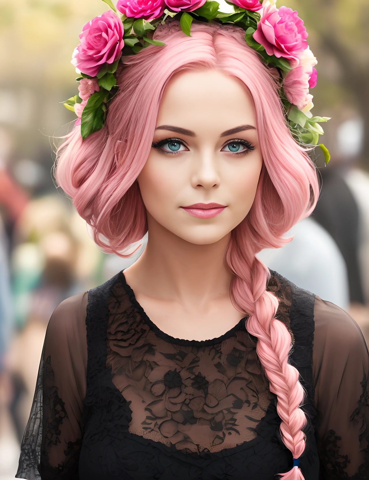 braid chignon,pink hair,pink fantastic costume,wearing a  flower crown,large breasts,wearing a flower crown