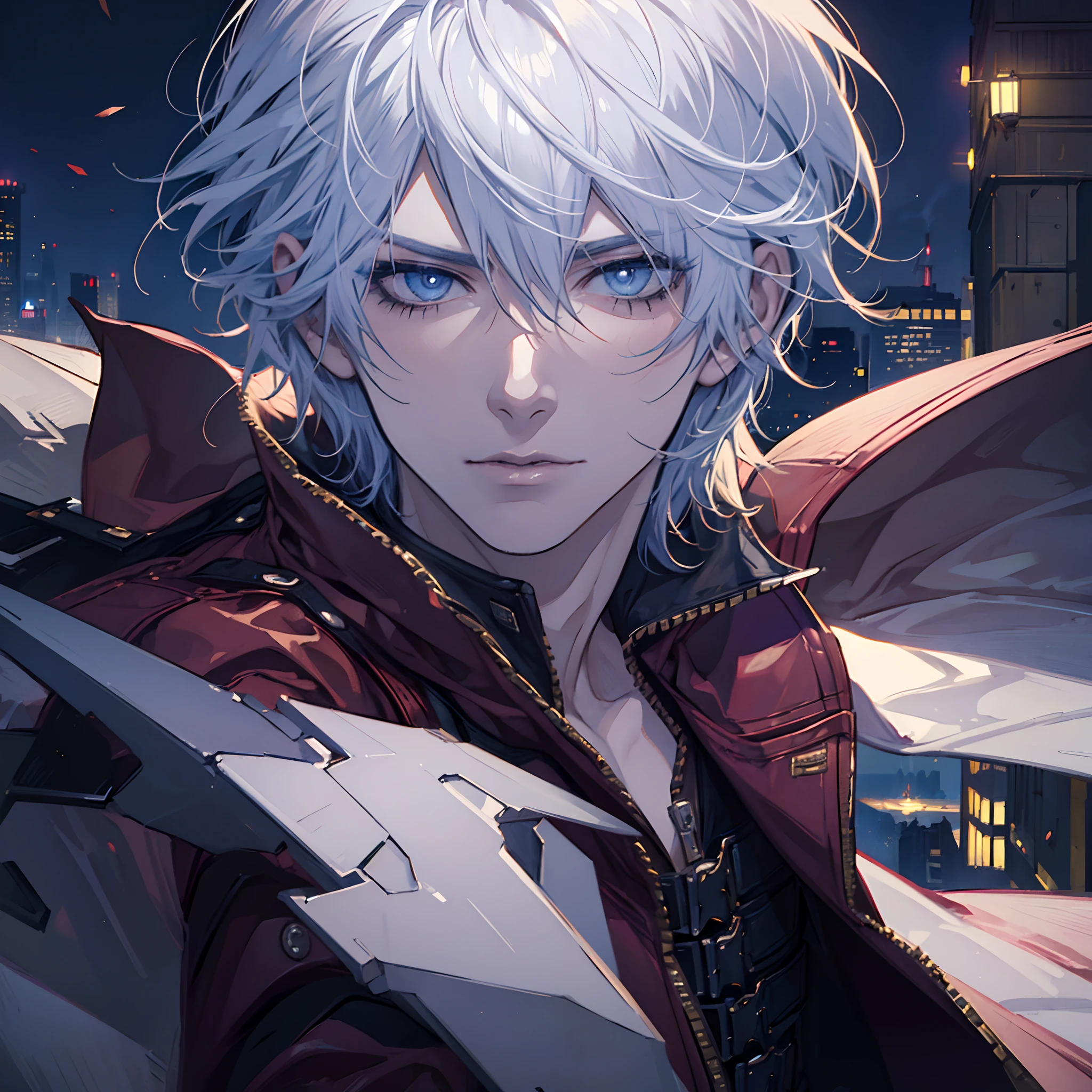 (masterpiece, best quality:1.2), 1boy, dante, white hair, open clothes, coat, fingerless gloves, belt, city, detailed eyes, destroyed buildings, destruction, (night:1.4), natural lighting, cinematic, epic, Battle pose, surrounded by blue fire, wallpaper 4k, highest quality digital art, Stunning art,8k,64k, HD, unparalleled masterpiece, dynamic lighting, cinematic, epic