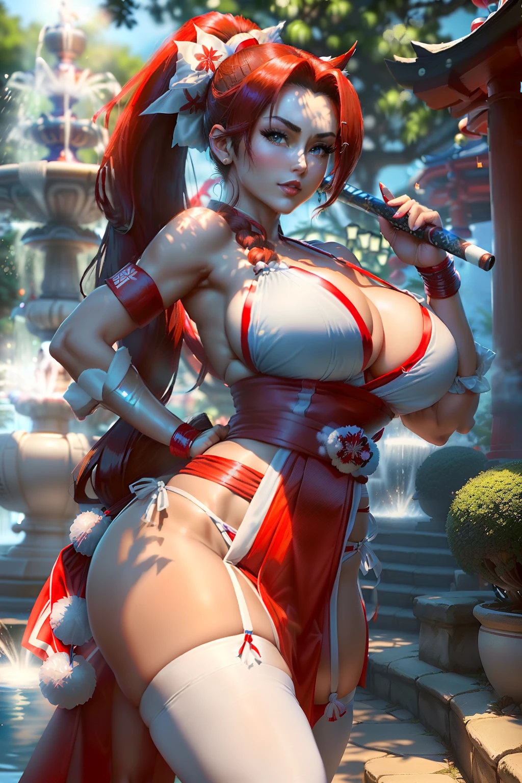 ((Mai shiranui from king of fighters series)) (beautiful face)(big glowing blue eyes)(red lips) (((very long light brown pony tail hairstyle))) ((very huge breasts) (perfect slim body) ((wears sexy red dress, with some white ornaments)), (shinnobi gauntlets, stocking) ((big fabric strap around waist)) (posing sexy alongside lotto fountain garden) ((hold japanese fan on hand))  (high definition, amazing lights and shadows) ((masterpiece)) (8k) (perfect face) (ultra details) (perfect hands, eyes, and face)