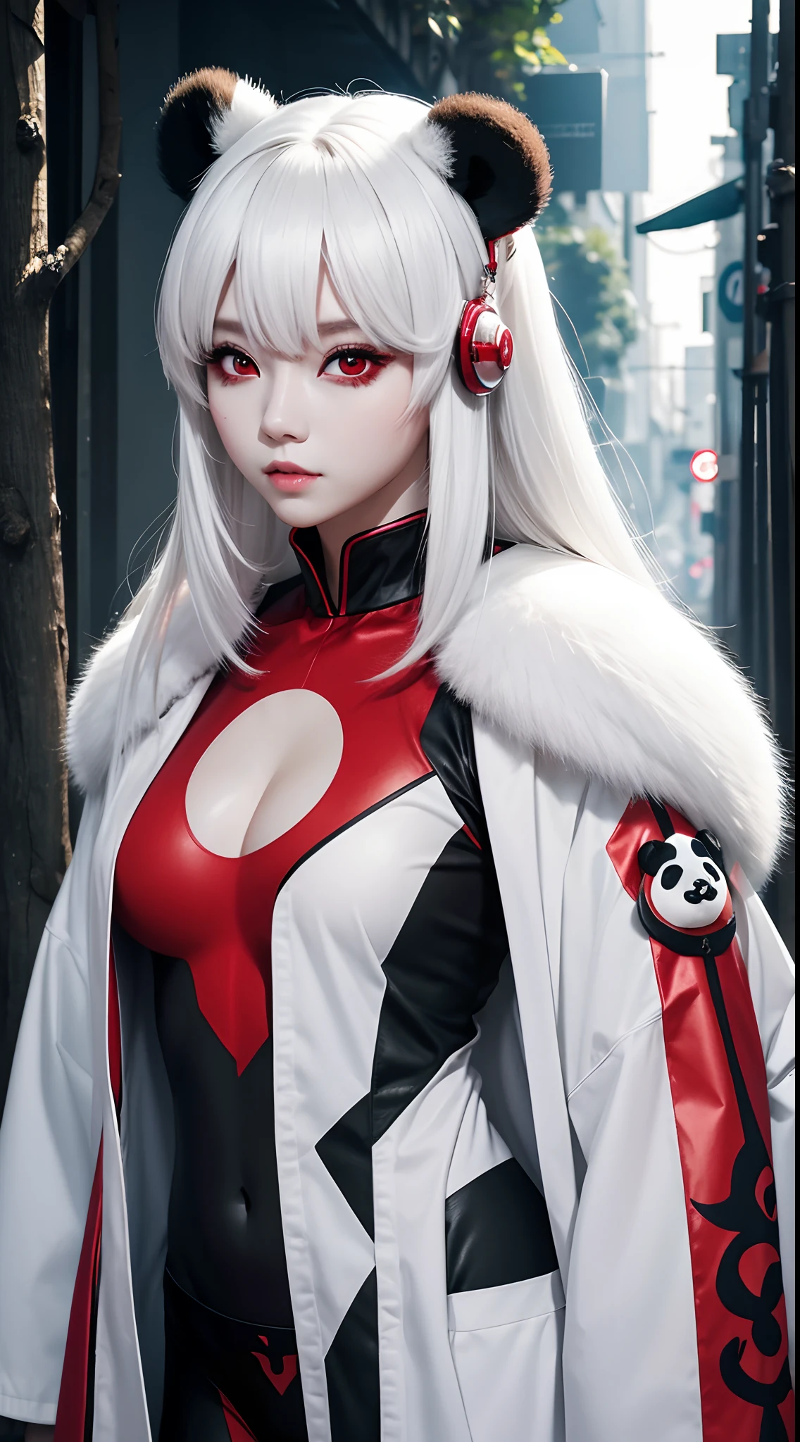 She is a panda beastman、white and beautiful skin、Red eyes、Flashy clothes、