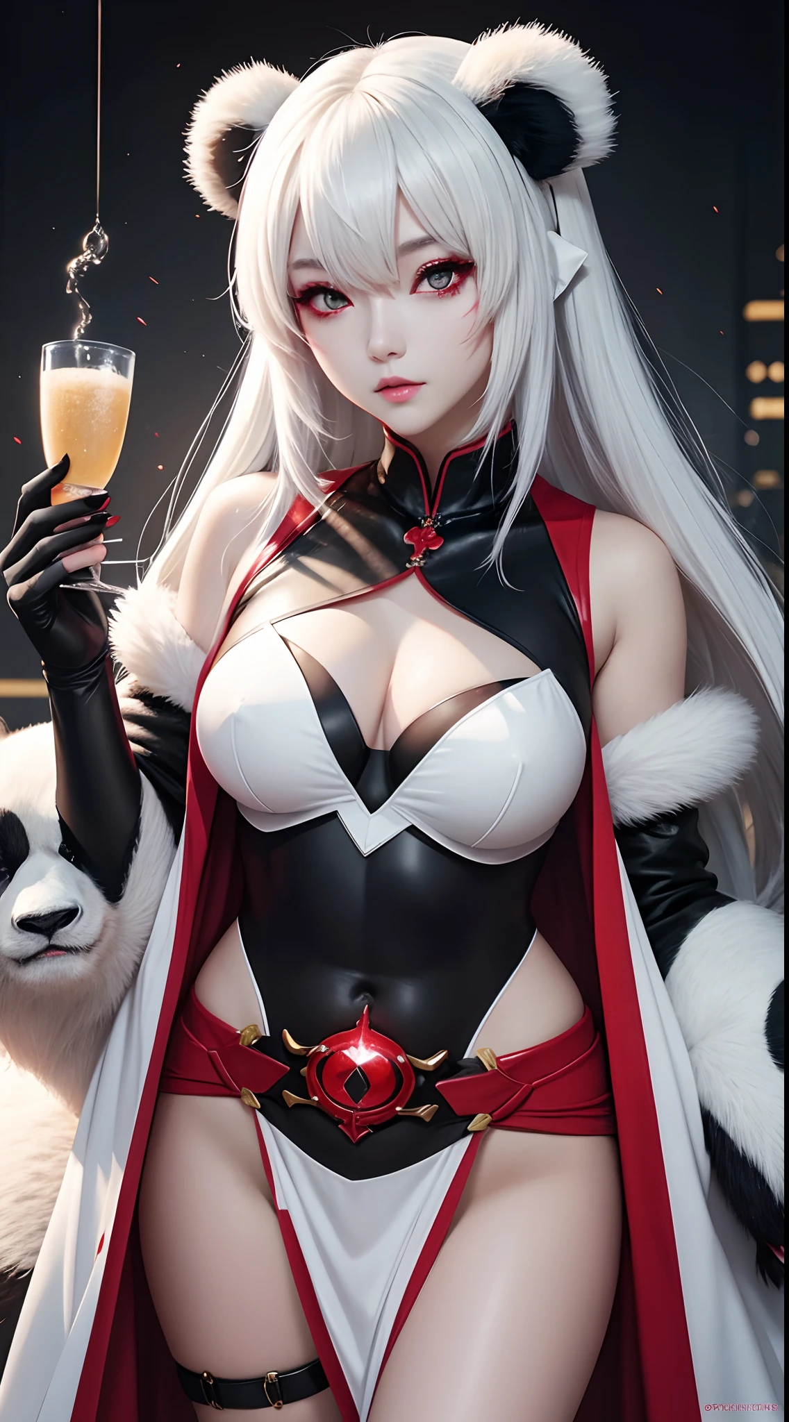 She is a panda beastman、white and beautiful skin、Red eyes、Flashy clothes、