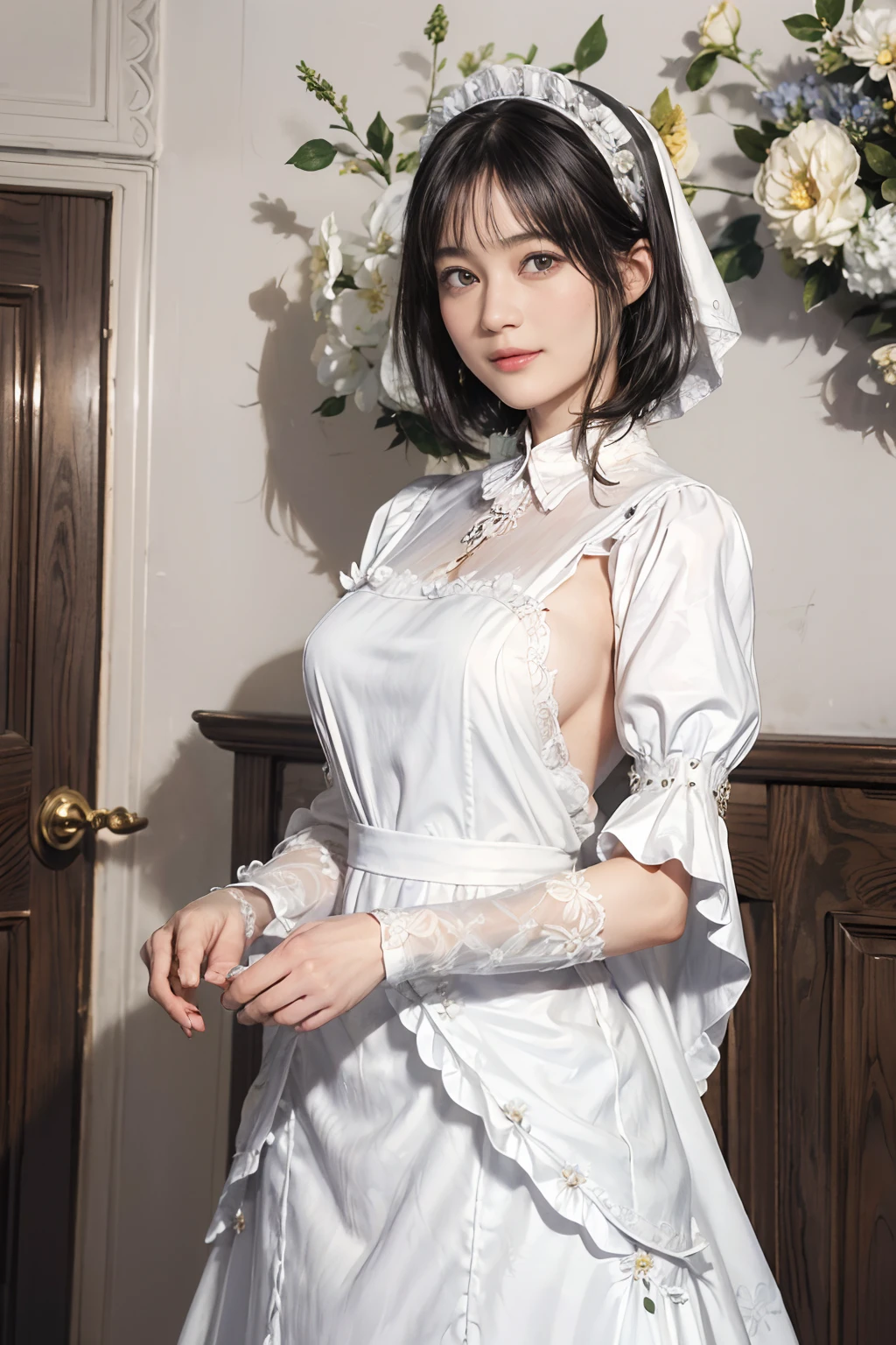 01
(Black Shorthair:1.3), (a 20 yo woman), (A hyper-realistic), (Masterpiece), (8KUHD), Beautiful woman, a smile, (Wearing a white maid outfit:1.3), breast, Standing in a maid café