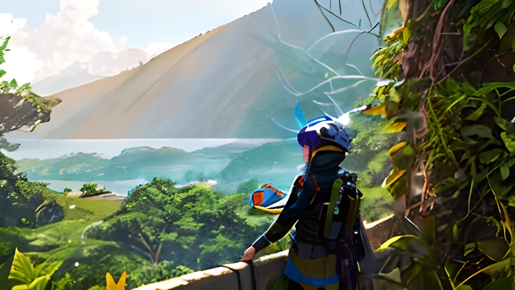 there is a woman that is standing on a wall with a helmet, jungles in the background, view from the top, in the background is lush jungle, overlooking a valley, 8 k. filling most of the view, valley in the distance, jungle in background, gazing off into the horizon, 8 k. filling of the view, with mountains in the distance