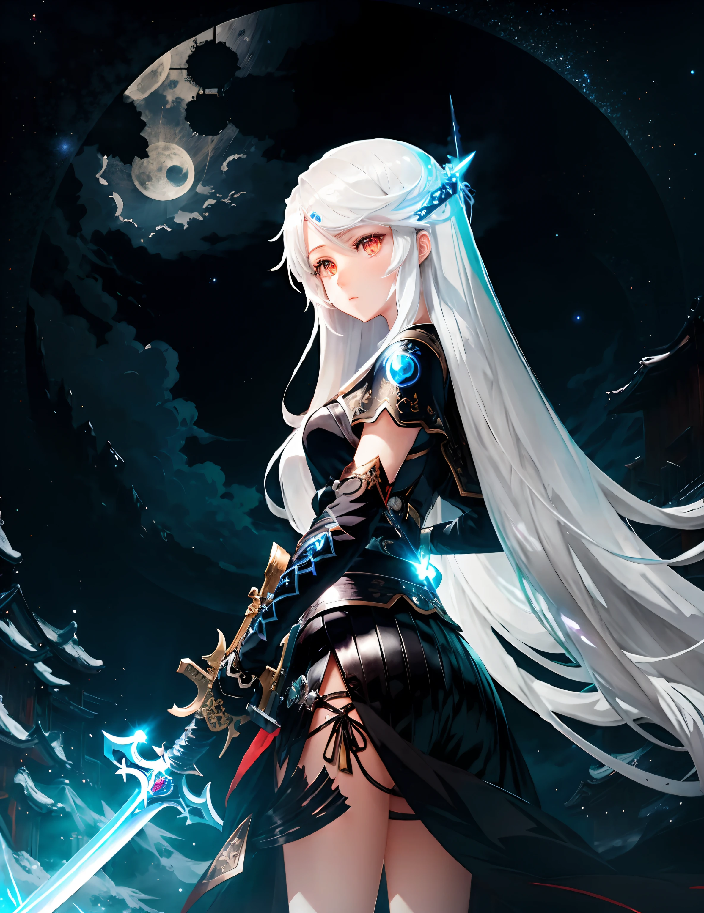 A girl with white long hair, anime style,sword in one hand, glowing art, glowing eye, full moon and star night background, anime art, glowing black sword japanese art, modern style,modern clothes, perfect face,perfect eyes, perfect sword,