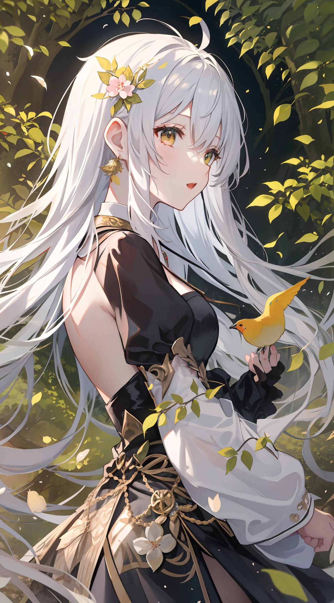 top-quality, Ink painting style, Fresh and elegant, Clear lake, The cherry blossoms set as the sun sets，White color hair, Black bandeau pendant dress gold pattern girl, Ride the flower wind to blow your head, A forest dotted with green leaves, Birds sing happily, A poetic scene