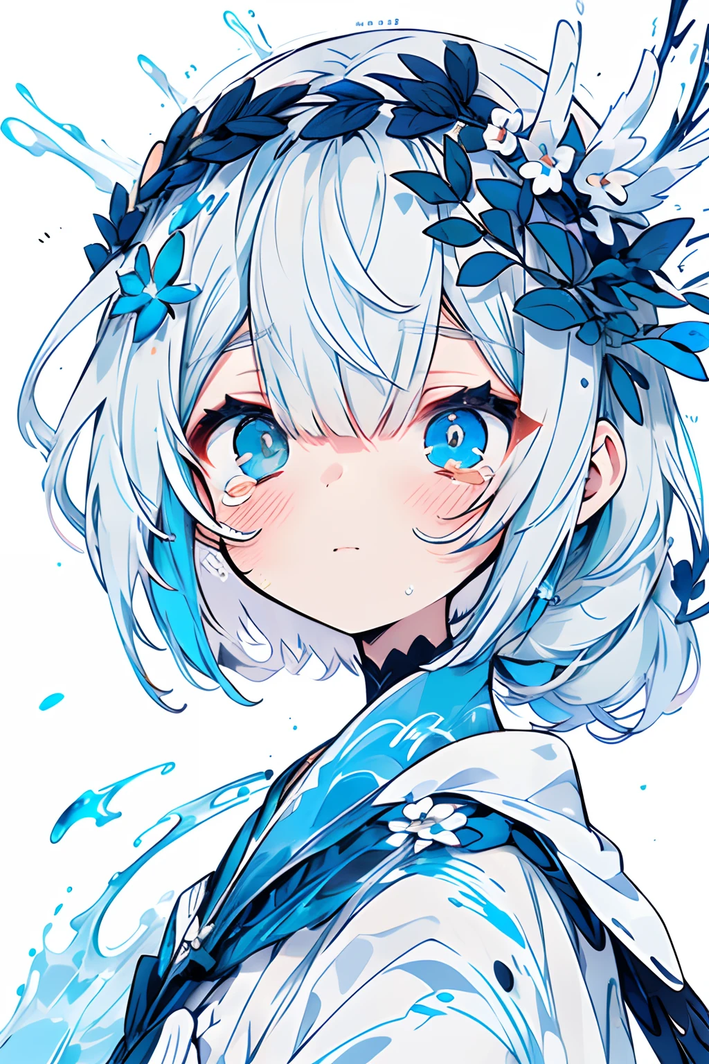 (White background:1.4),(Nature Illustration Water:1.3,paper art:1.3, Quilted Paper Art:1.2),( Reasonable design, Clear lines, High Sharpness,Best Quality, Very detailed, masutepiece, Movie Light Effects, 4K )(white petals、Blue petals:1.0)、Lots of flowers flutter、the wind、Background with、Spring-like、Girl Facing Left、white petals、Blue petals、a lot of white and blue petals,,,,、very light blue hair、shed tears、Beautiful tears、deadpan、mournful、the flower crown、with flowers