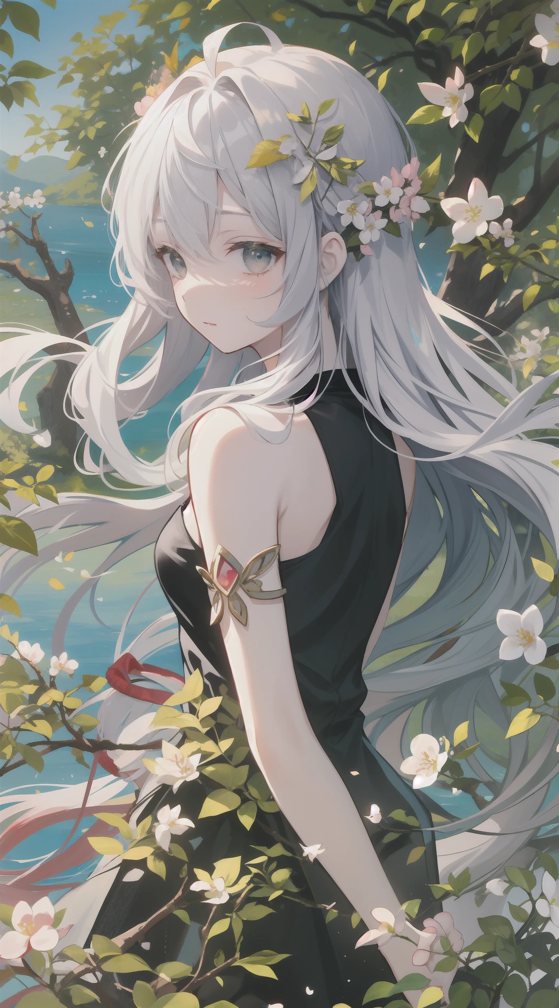 top-quality, Ink painting style, Fresh and elegant, Clear lake, The cherry blossoms set as the sun sets,White color hair, Black bandeau pendant dress gold pattern girl, Ride the flower wind to blow your head, A forest dotted with green leaves, Birds sing happily, A poetic scene