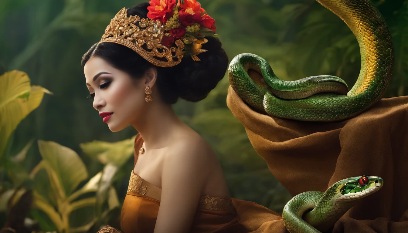 a princess of the Javanese kingdom of Indonesia, (upper body human), (lower body snake-shaped) dramatic background